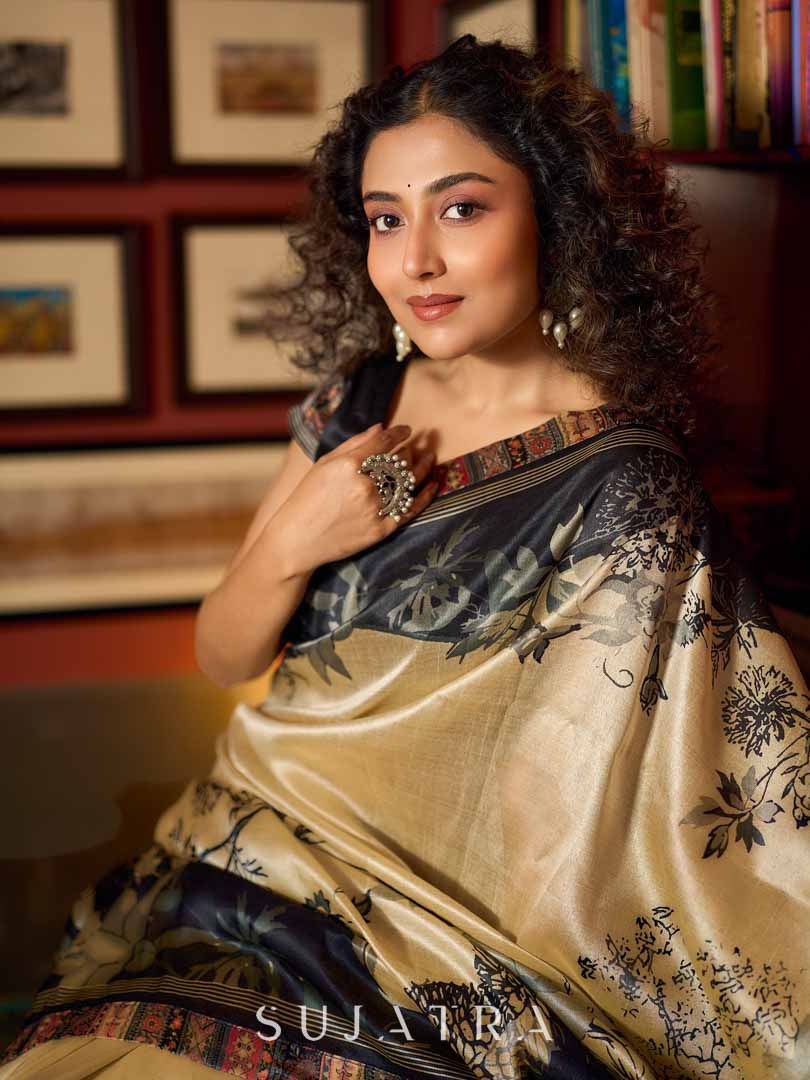 Beige & Black Art Silk Saree with Modern Floral Print & Contrasting Border
