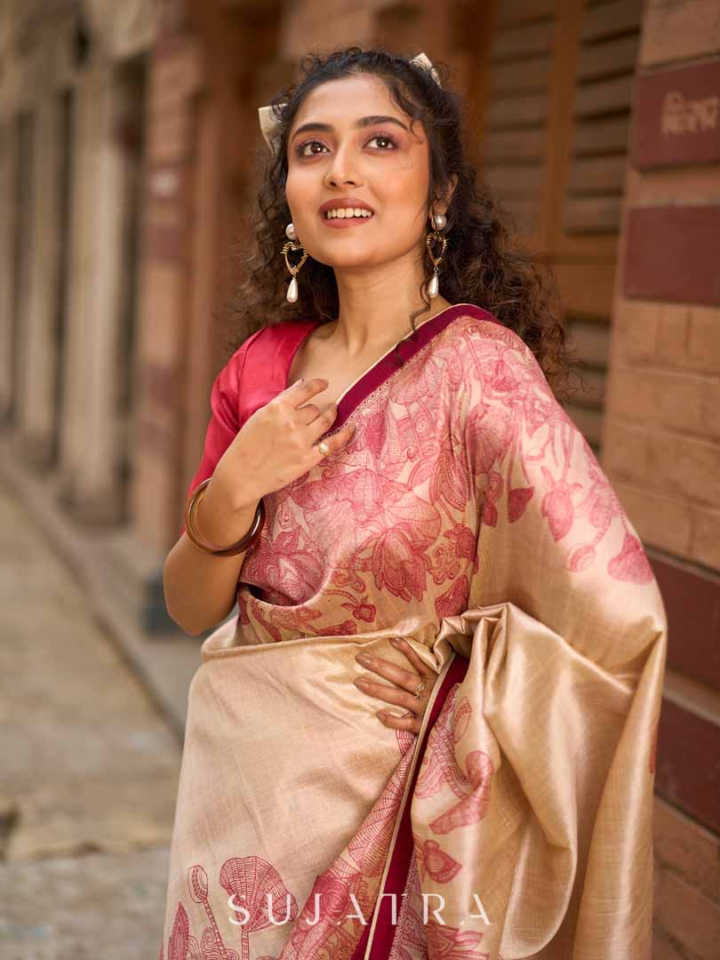 Classic Beige Art Silk Saree with Traditional Madhubani Print
