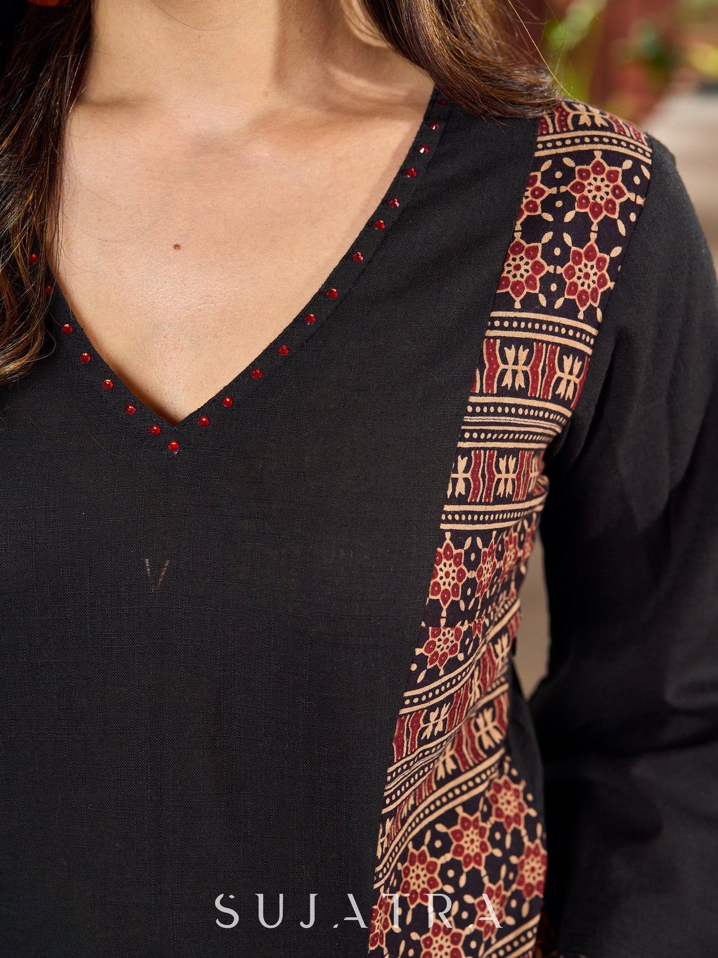 Stylish cotton printed kurta with contrast detailing and smart pocket-pant optional