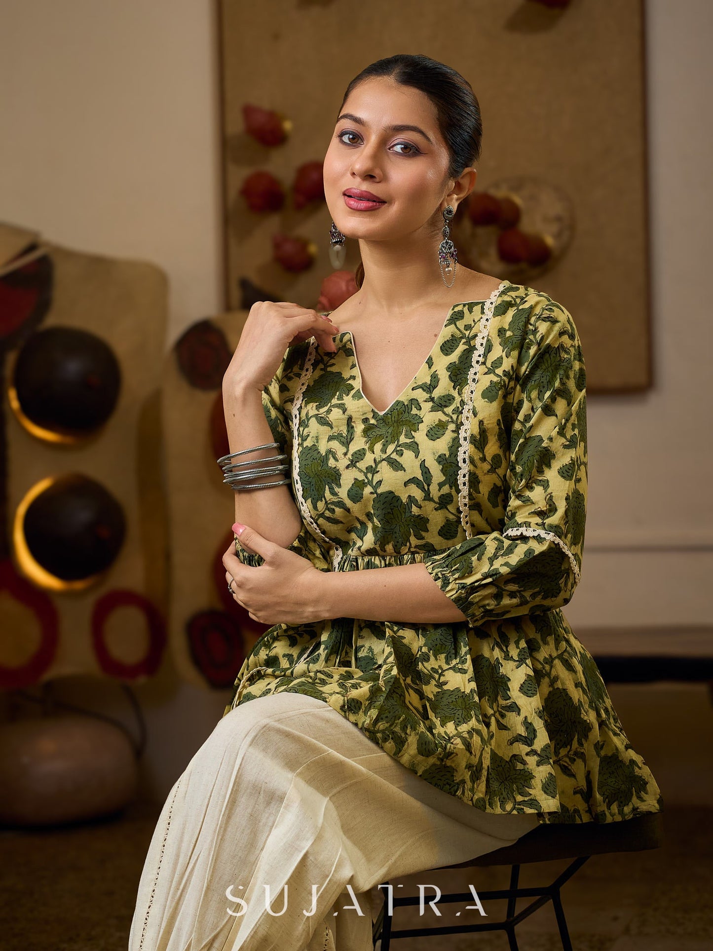 Elegant Cream And Olive Printed Gathered Top Adorned With Elegant Crochet Lace Highlights