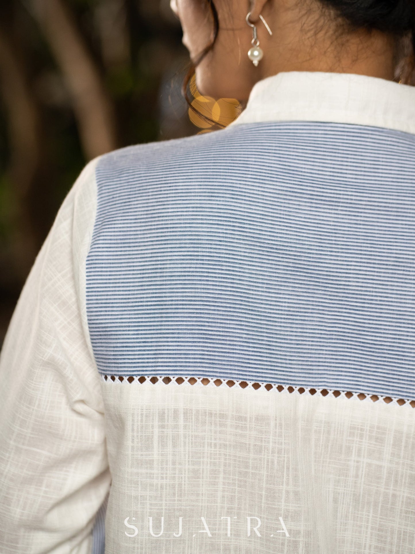 Wistful White Cotton Shirt with Blue Striped Yoke and Delicate Lace Embellishments
