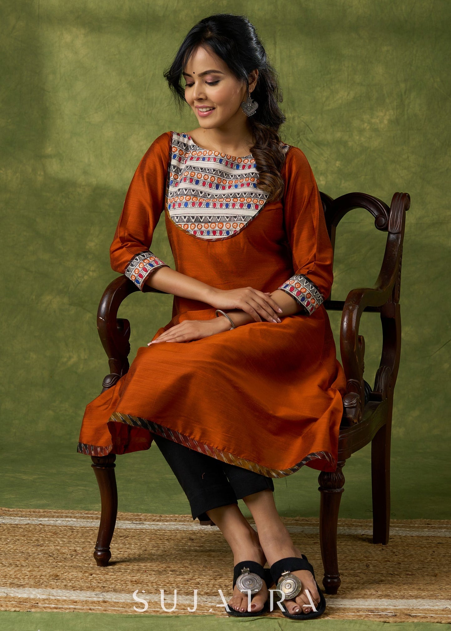 Exclusive Rust Kurta With Hand Painted Madhubani Yoke - Pant Optional