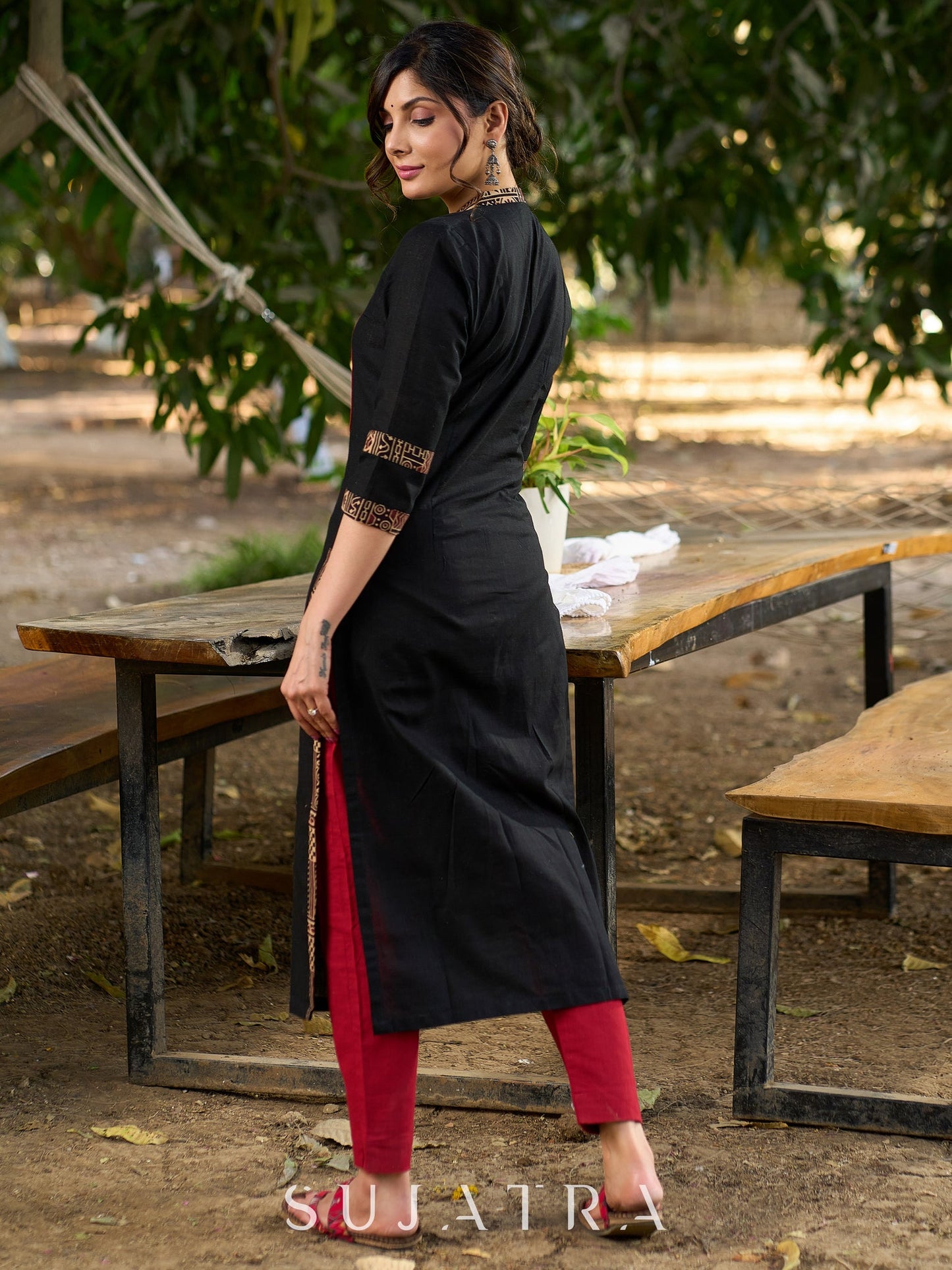 Solid Black Cotton Kurta with Ajrakh Yoke and Sleeves