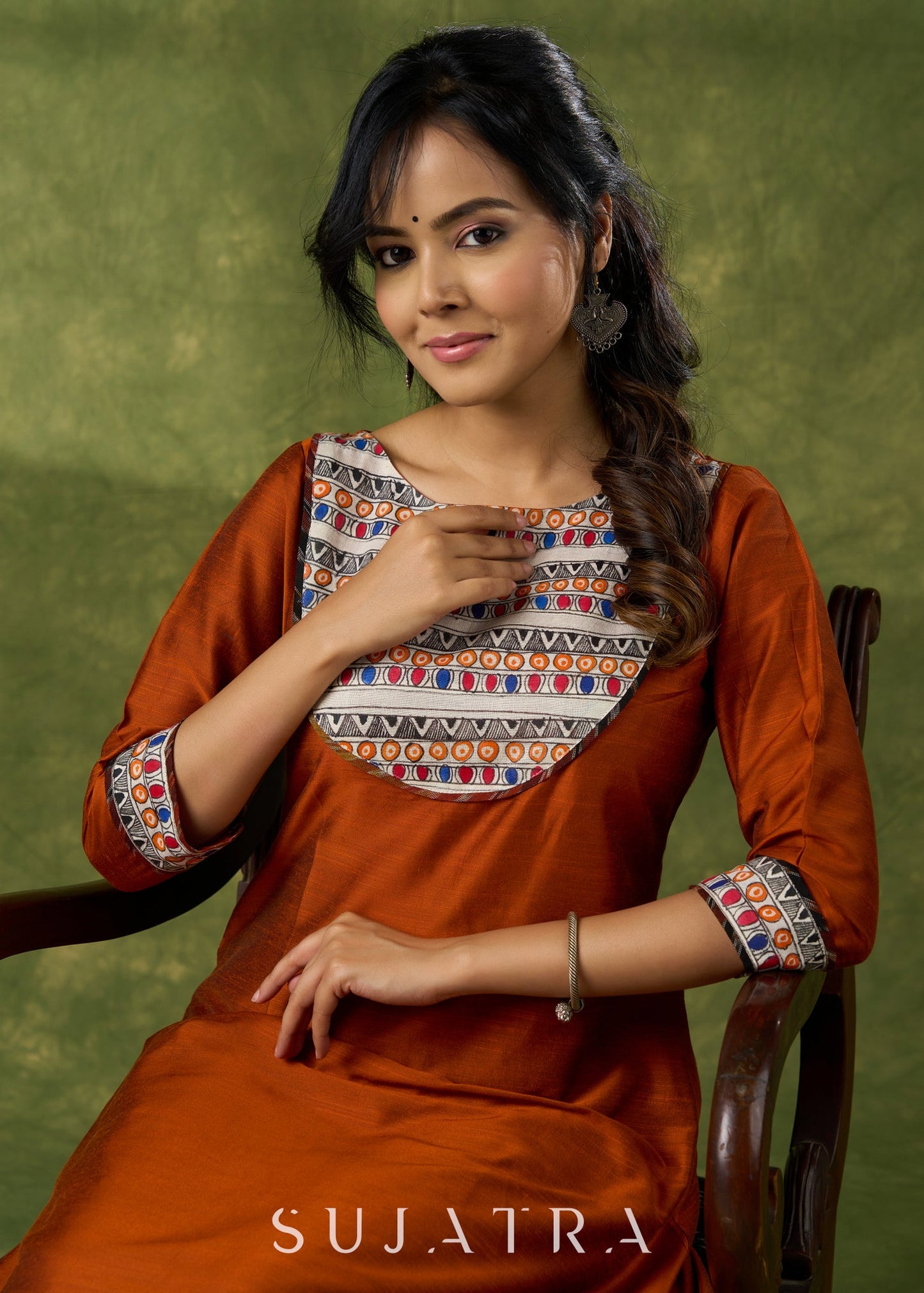 Exclusive Rust Kurta With Hand Painted Madhubani Yoke - Pant Optional