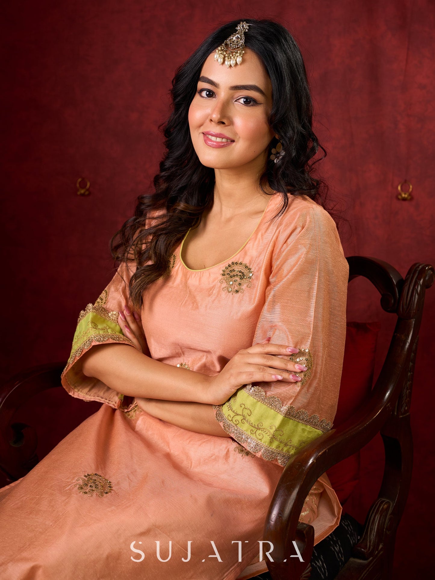 Graceful Peach-Green Combination Chanderi Kurta with Fine Embroidery