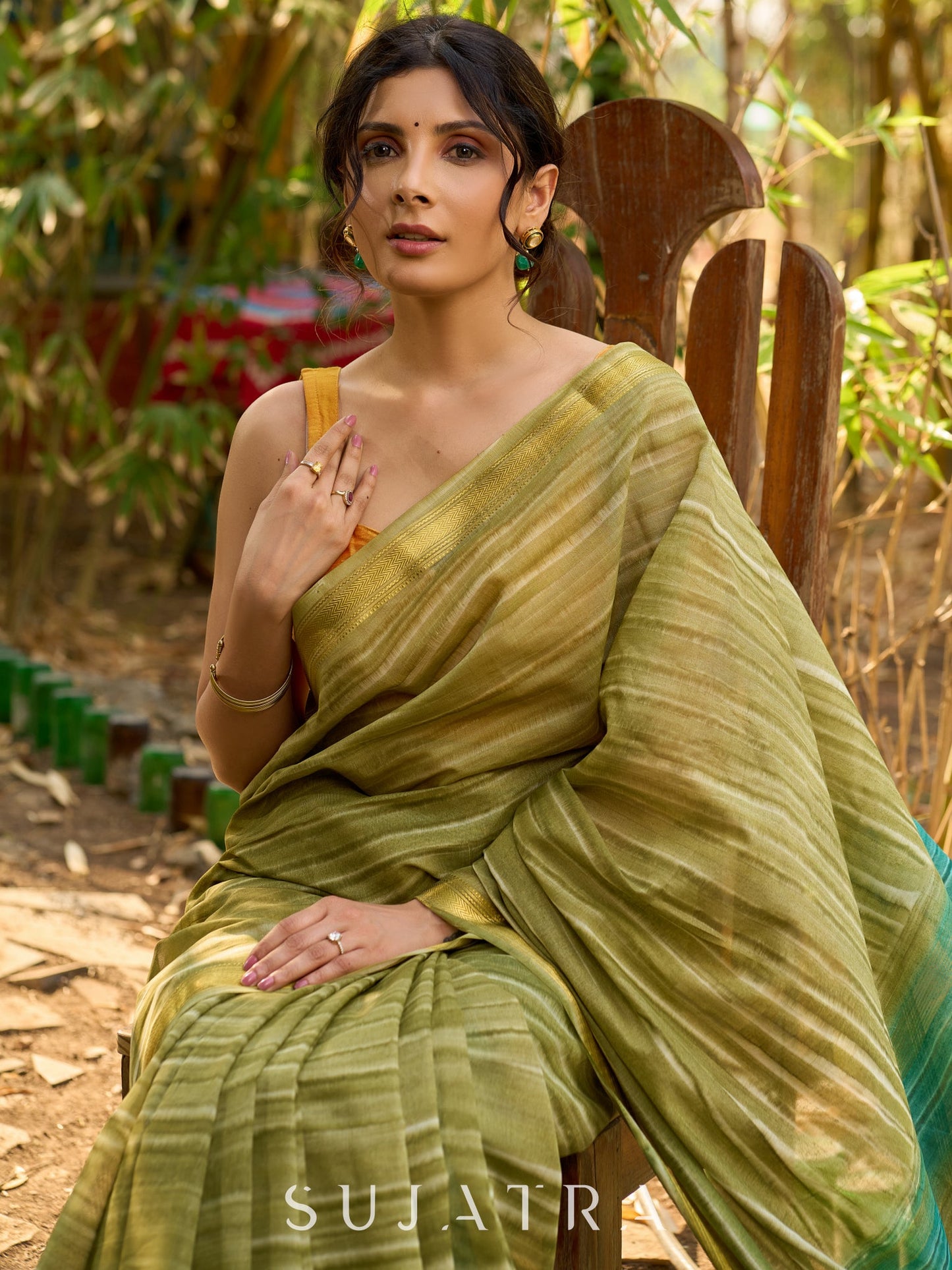 Striped Olive cotton Saree with Lustrous Golden Border