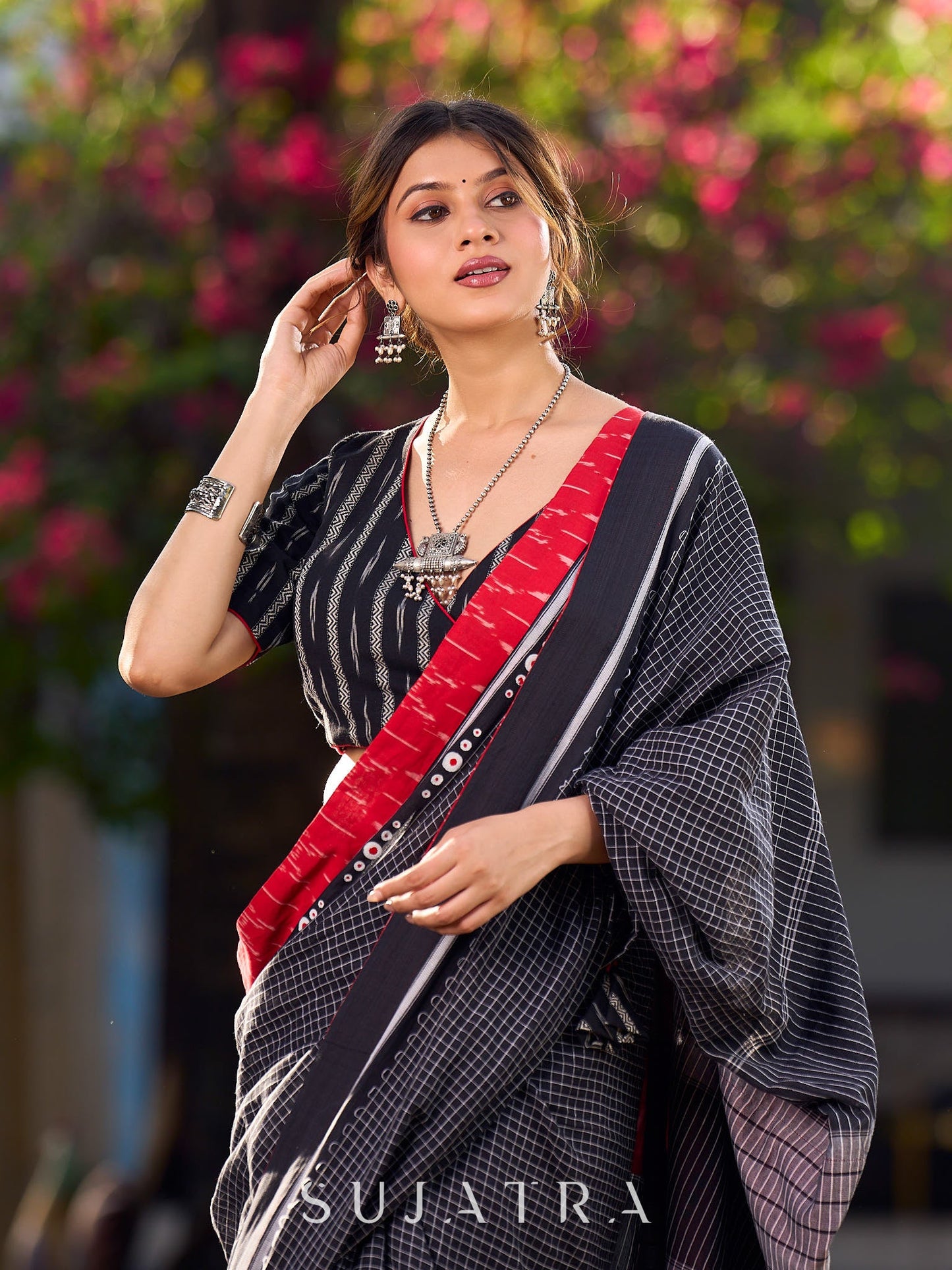 Black Cotton Checkered Saree with Contrasting Red Ikat Border