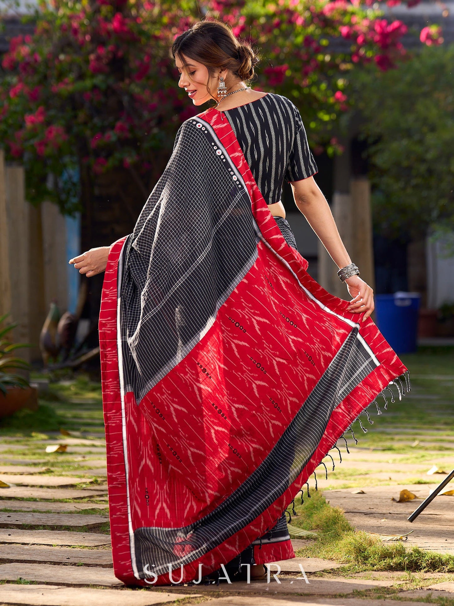 Black Cotton Checkered Saree with Contrasting Red Ikat Border