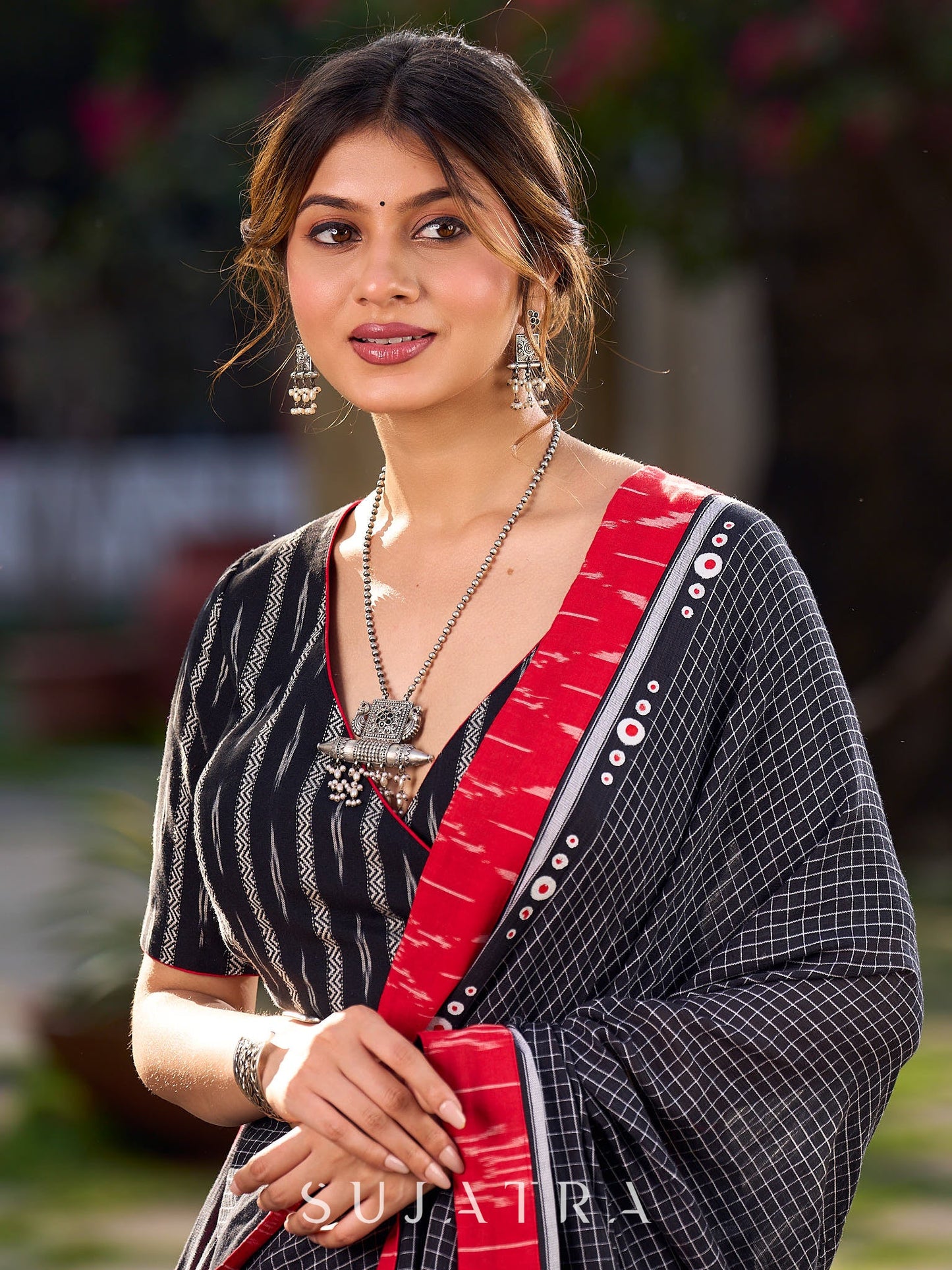 Black Cotton Checkered Saree with Contrasting Red Ikat Border