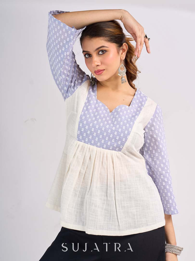 Powder Blue Dobby Cotton Contemporary Top with Soft Gathered Waist