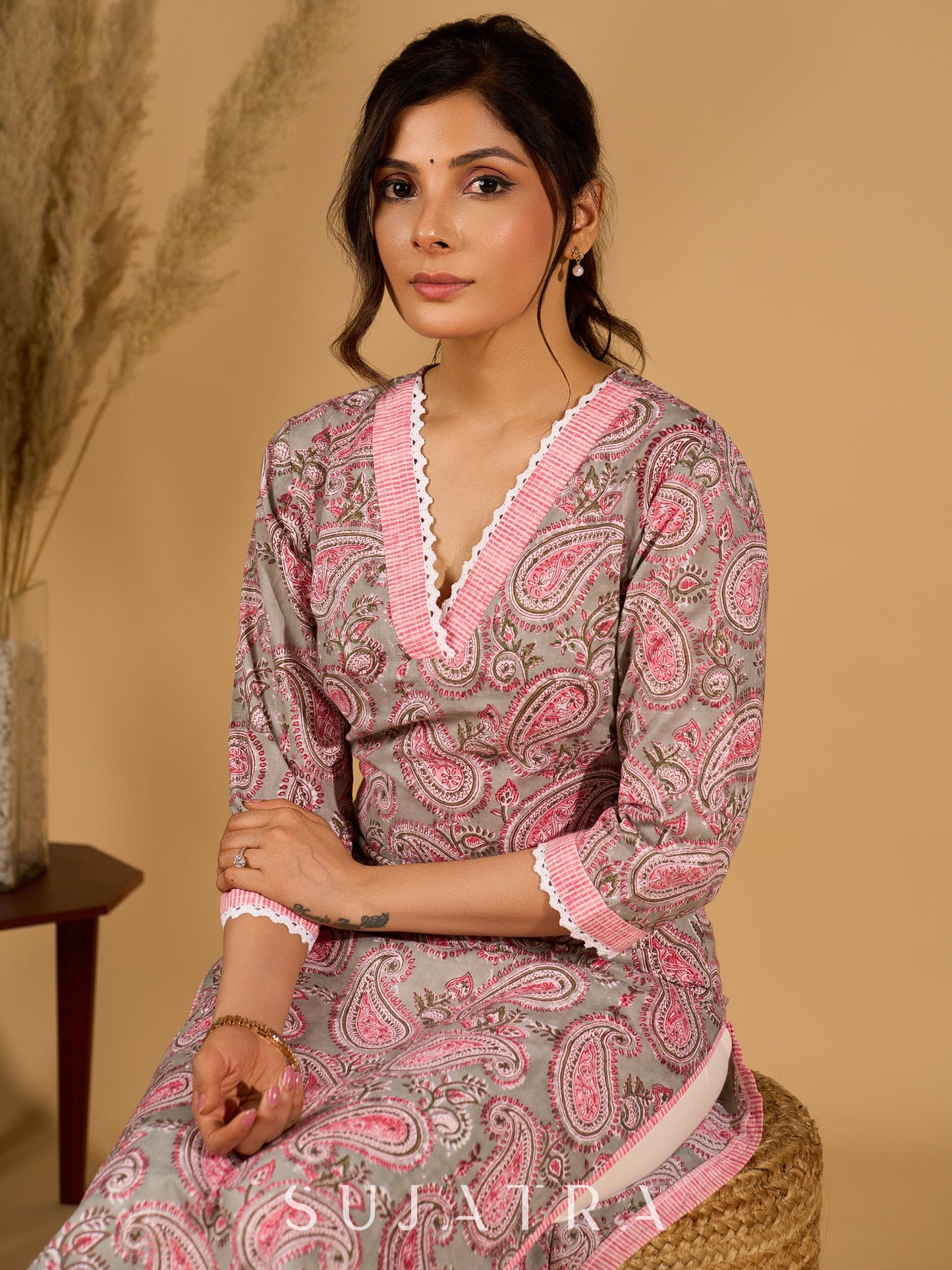 Gleam Grey Cotton Kurta with Paisley Prints and Crochet Charm