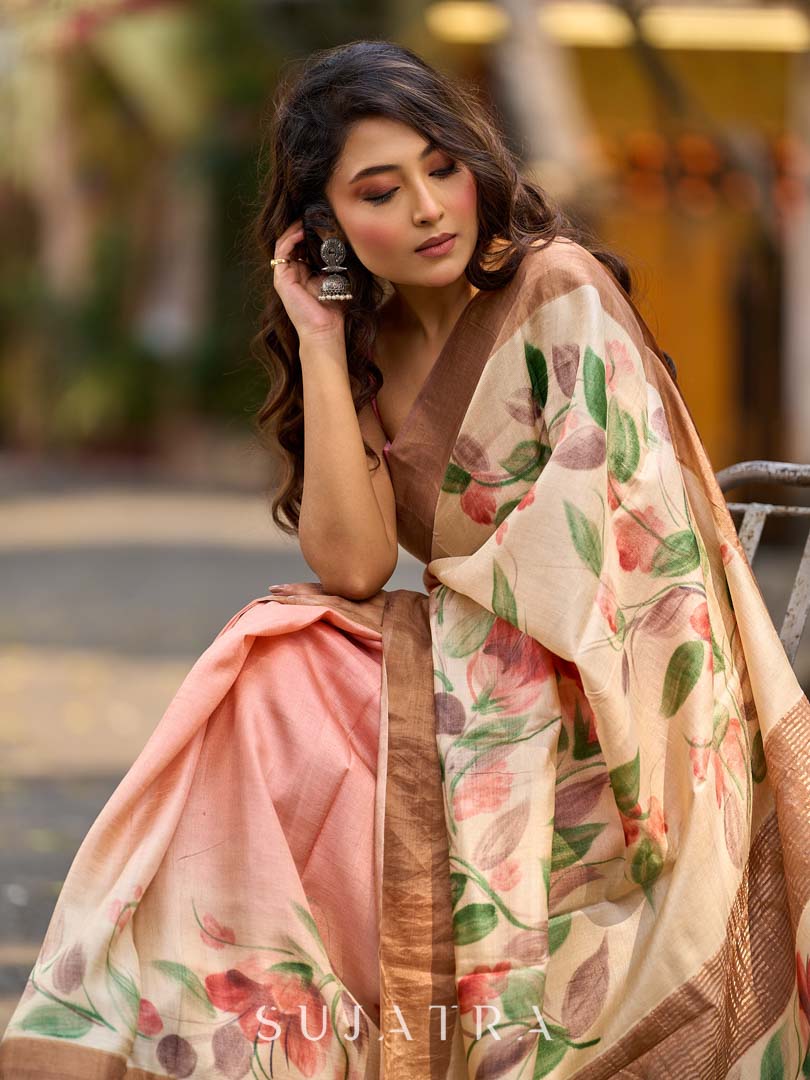 Pink Pastel Toned Tussar Silk Saree with Subtle Floral Print