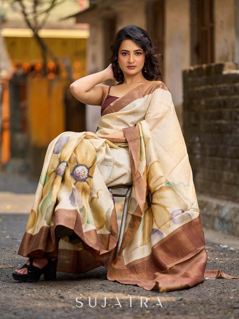 Classic Beige Tussar Silk Saree with Artistic Floral Design