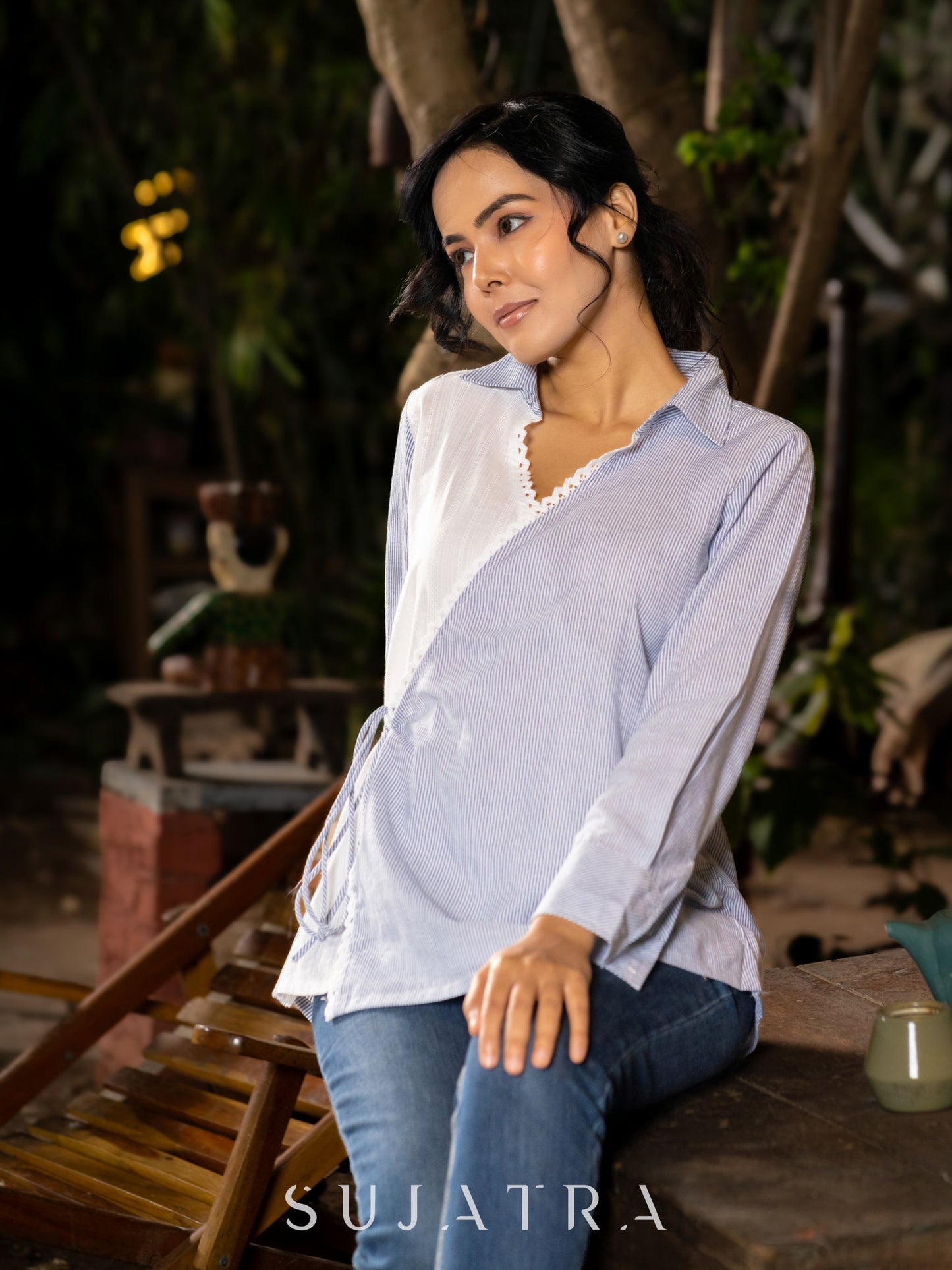 Off-White and Blue Striped Wrap Shirt in Breezy Cotton