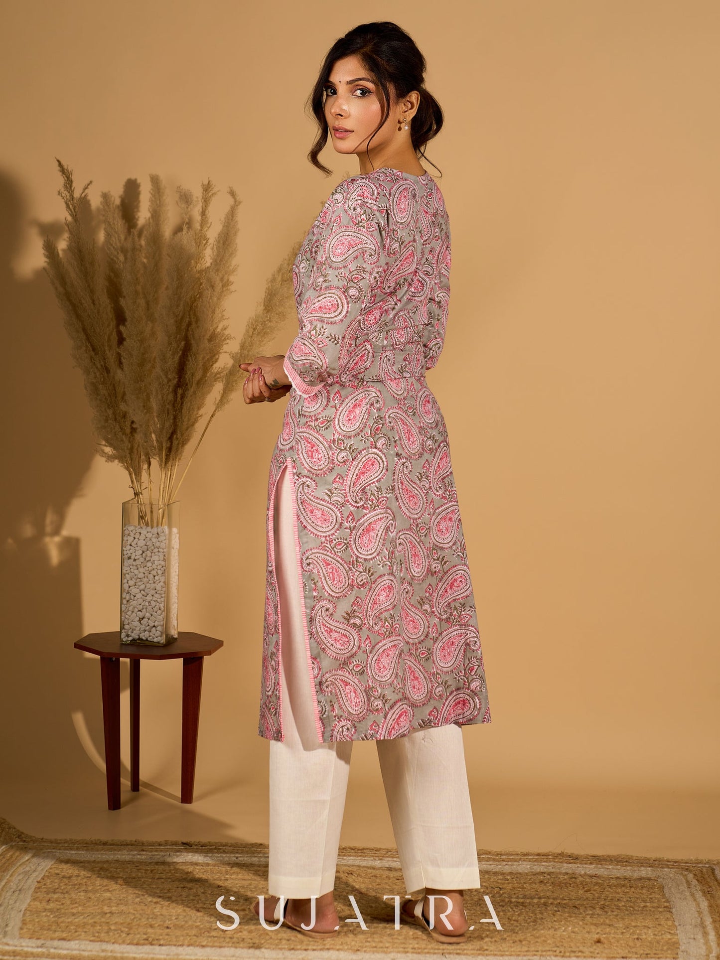 Gleam Grey Cotton Kurta with Paisley Prints and Crochet Charm