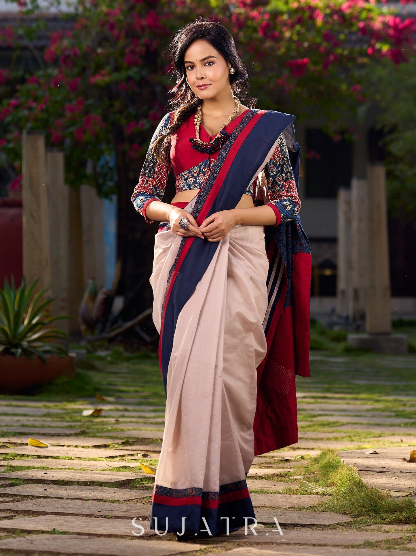 Beige Chanderi Saree With Ajrakh Accents And Vibrant Borders and Delicate Hand Painting