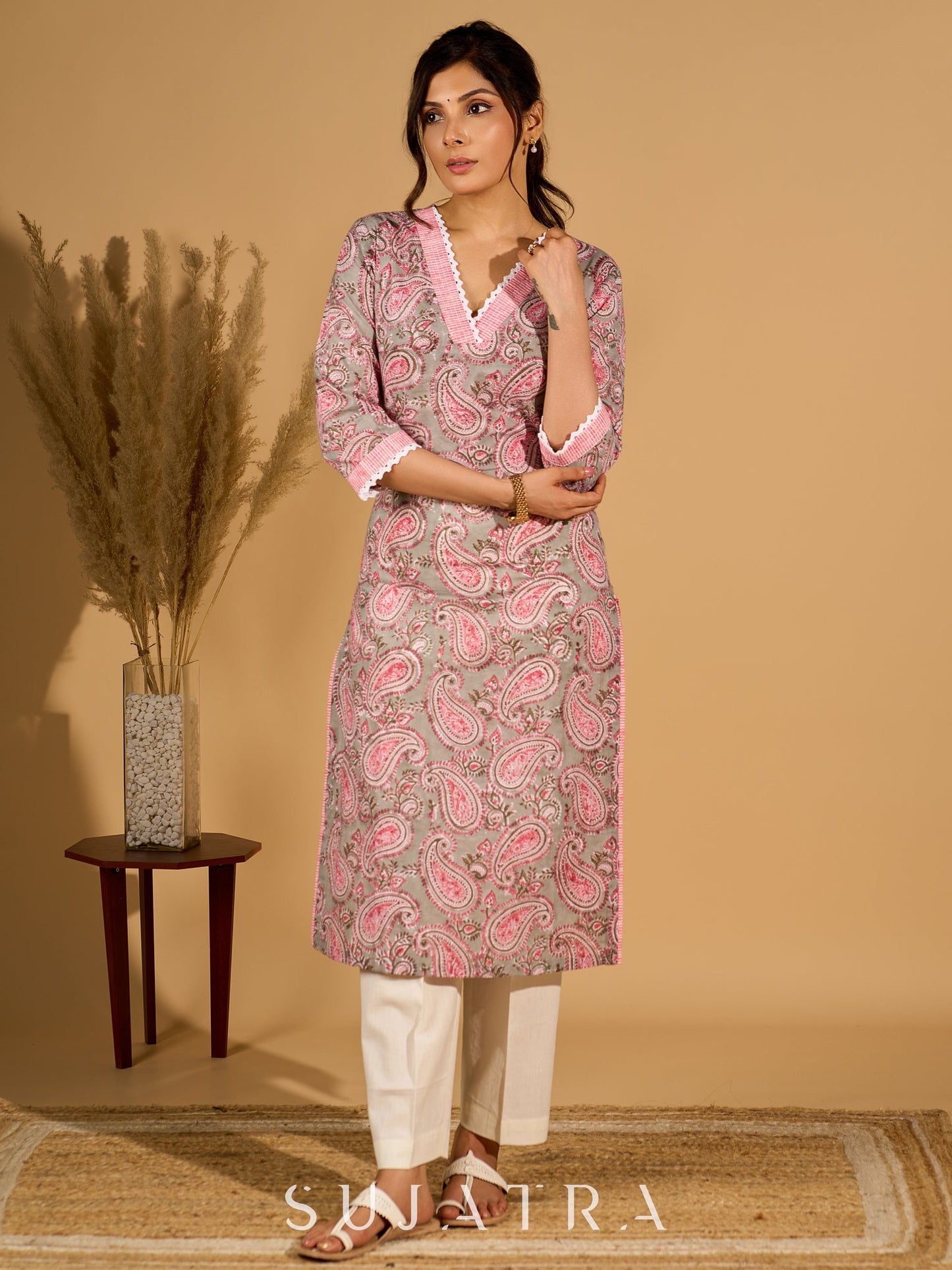 Gleam Grey Cotton Kurta with Paisley Prints and Crochet Charm