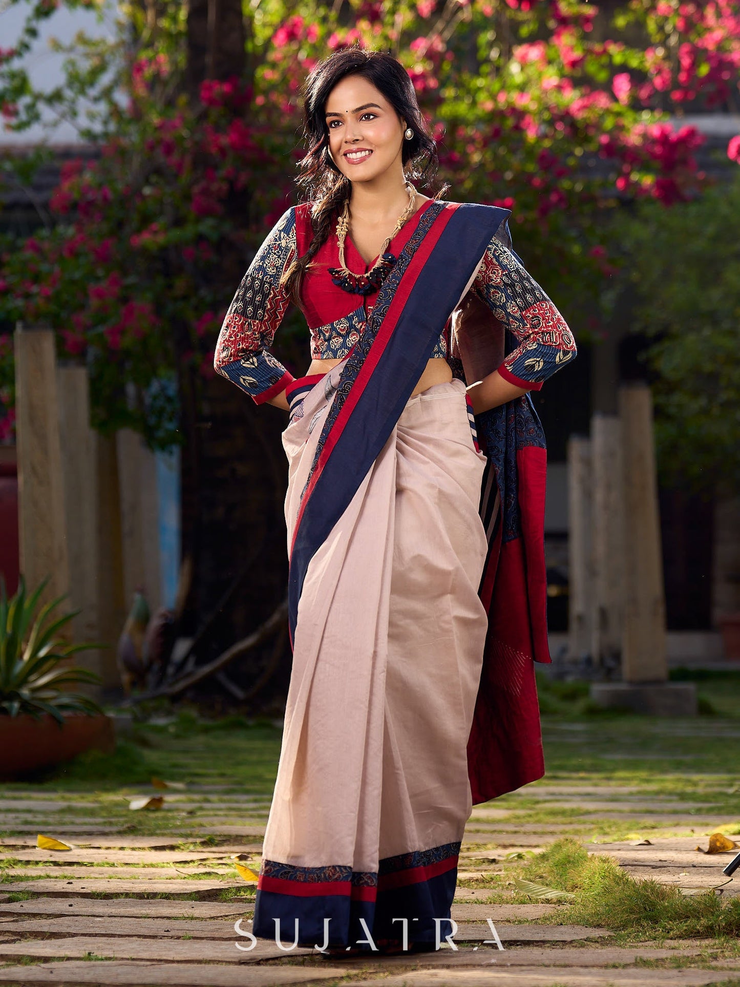 Beige Chanderi Saree With Ajrakh Accents And Vibrant Borders and Delicate Hand Painting