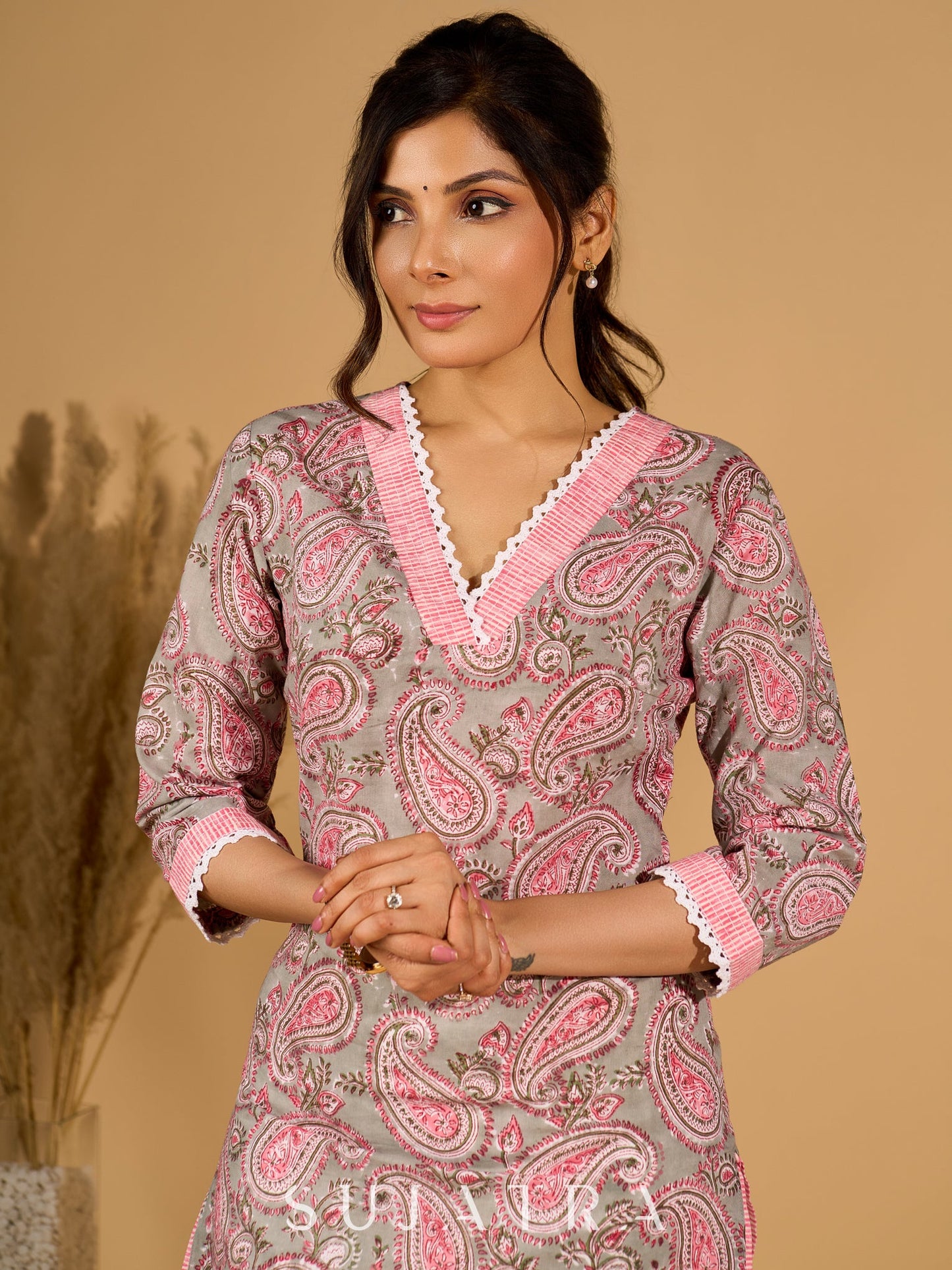 Gleam Grey Cotton Kurta with Paisley Prints and Crochet Charm