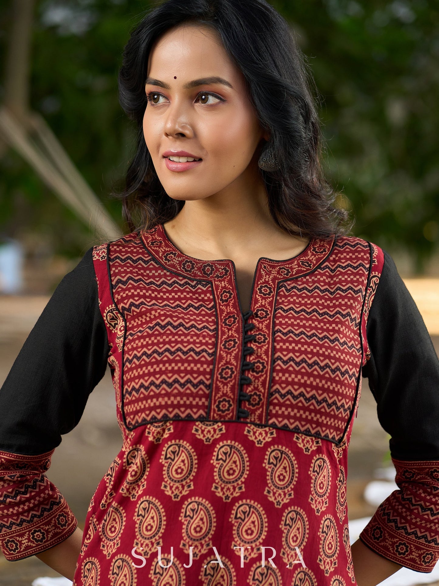 Ajrakh Printed Cotton Kurta with Contrasting Black Sleeves