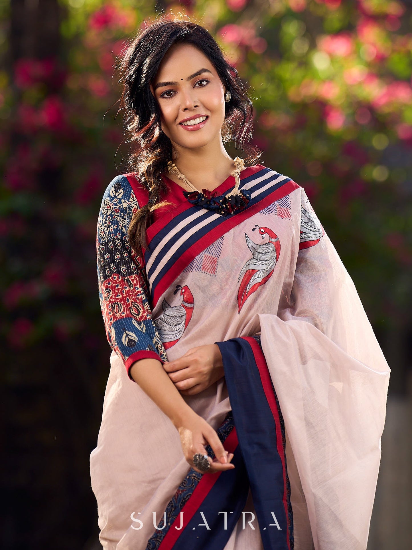 Beige Chanderi Saree With Ajrakh Accents And Vibrant Borders and Delicate Hand Painting