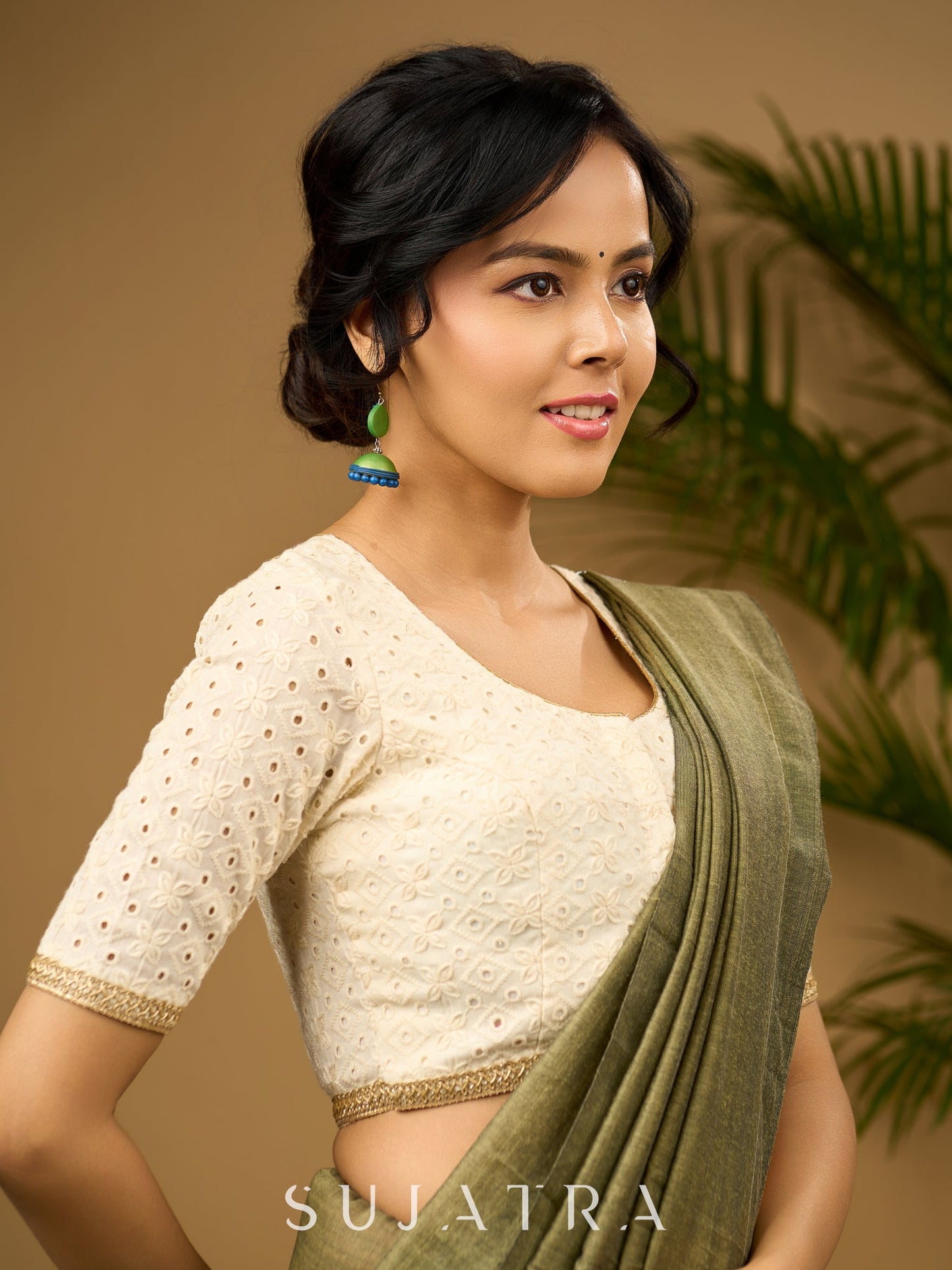 Delicate cotton hakoba blouse with intricate floral patterns - Optional Plain Saree