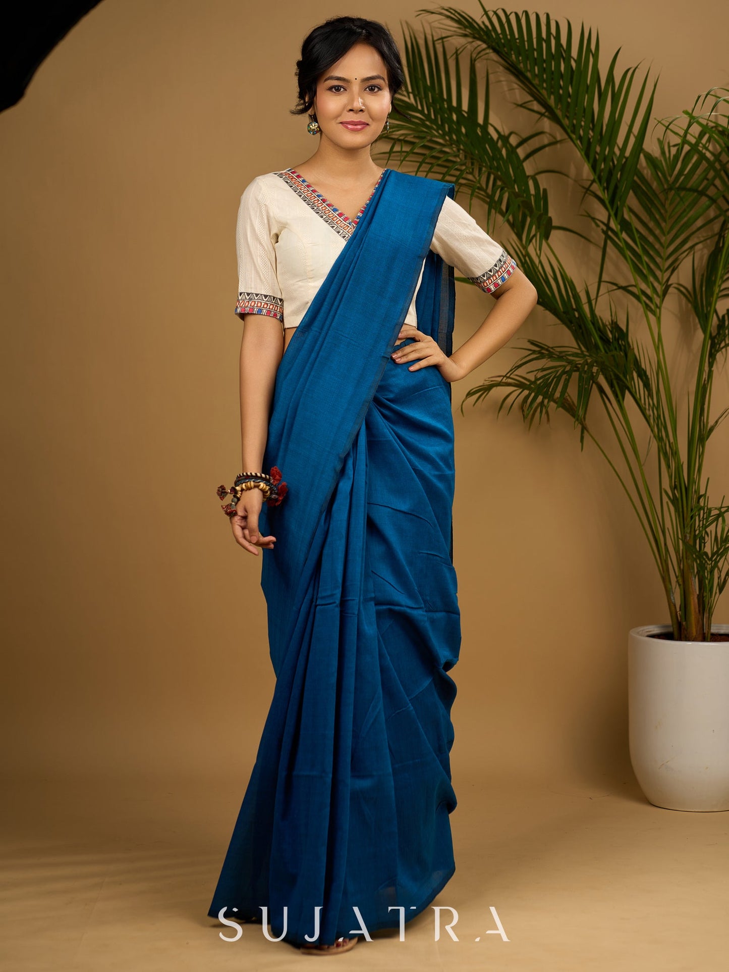 Elegant off-white cotton madhubani Hand blouse - Optional Plain Saree