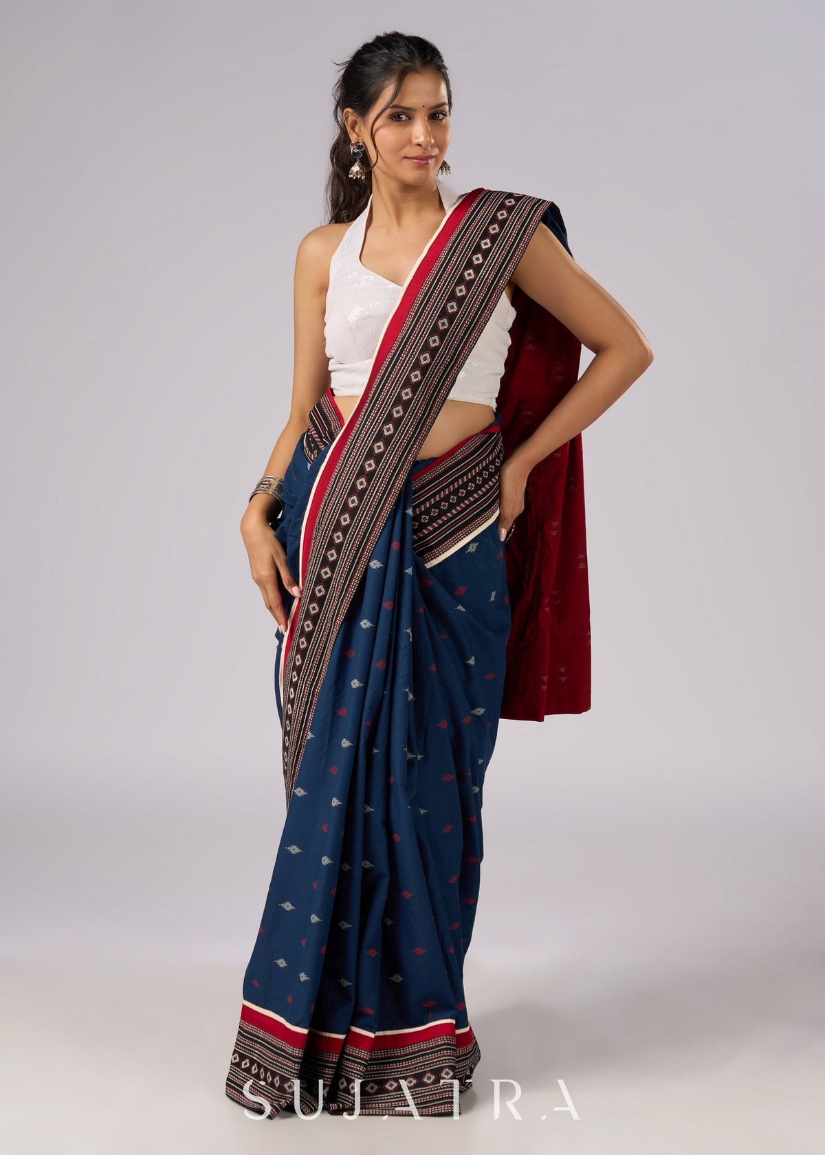 Sari en coton exclusif bleu et marron avec bordure Ajrakh