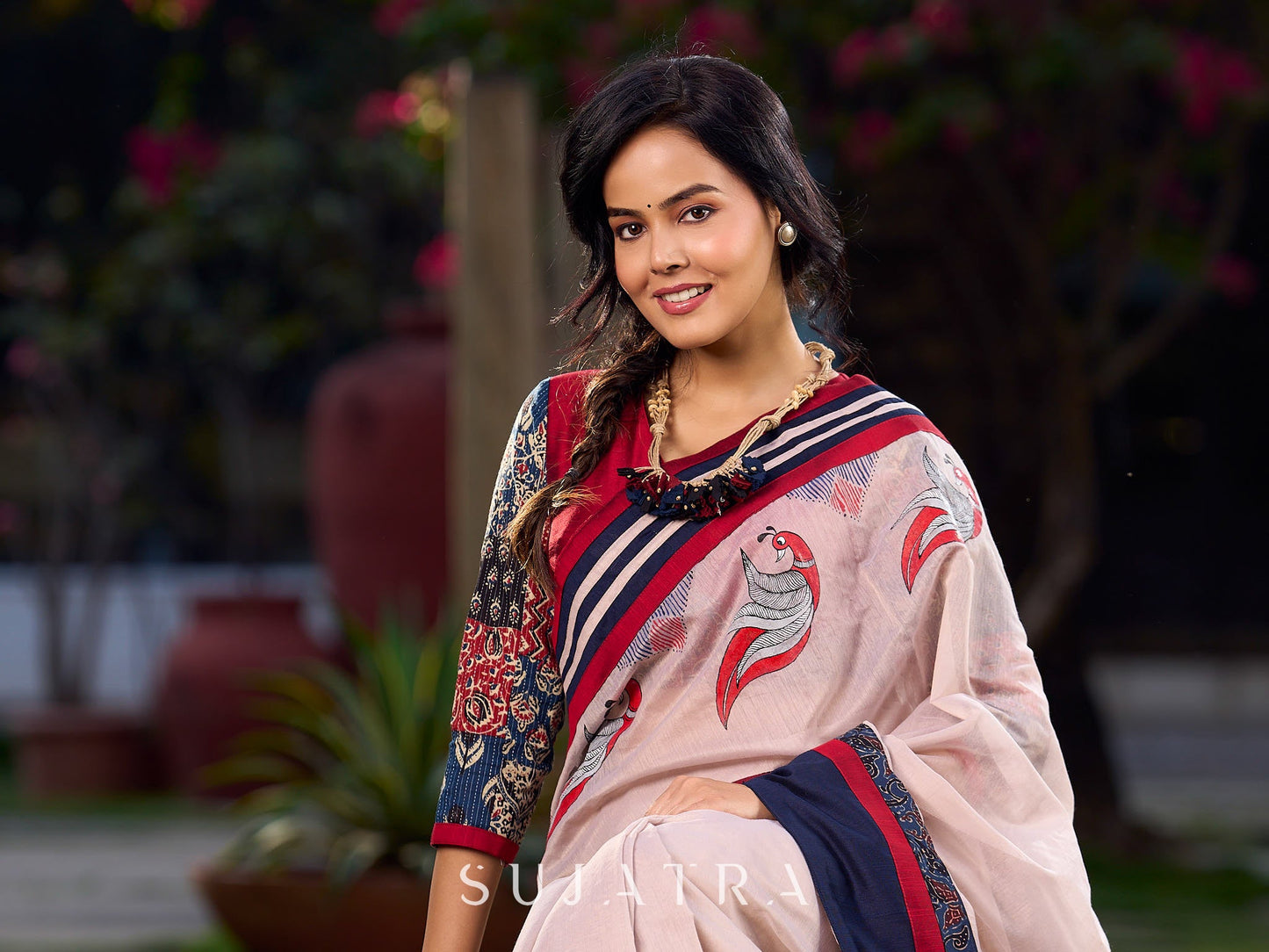 Beige Chanderi Saree With Ajrakh Accents And Vibrant Borders and Delicate Hand Painting