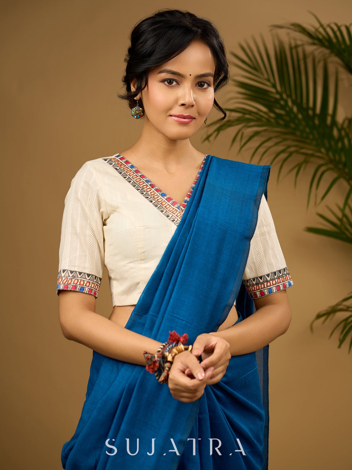 Elegant off-white cotton madhubani Hand blouse - Optional Plain Saree