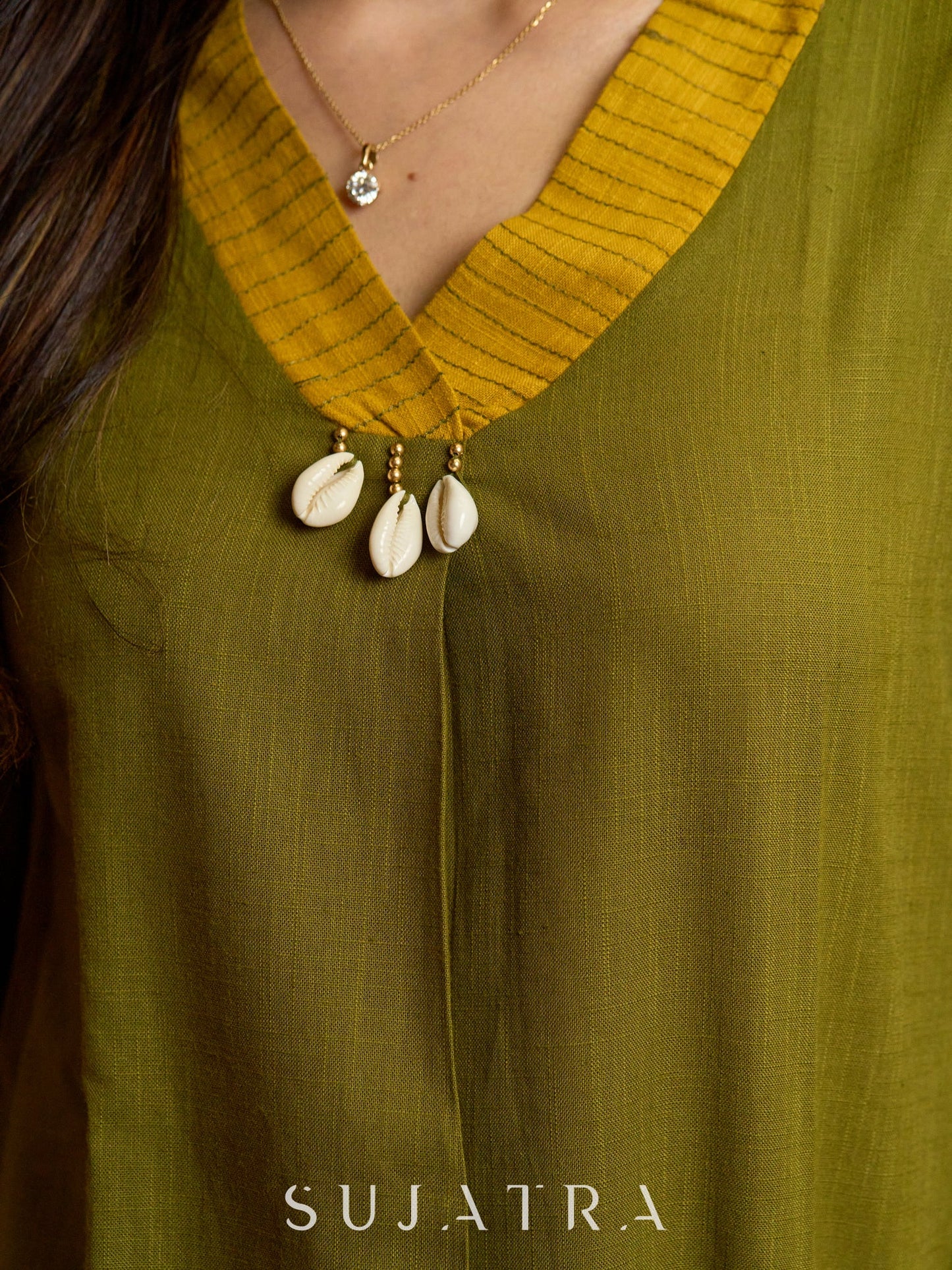 Earthcrafted Olive Mustard Top with Kantha Stitches and Cowrie Shell Highlights