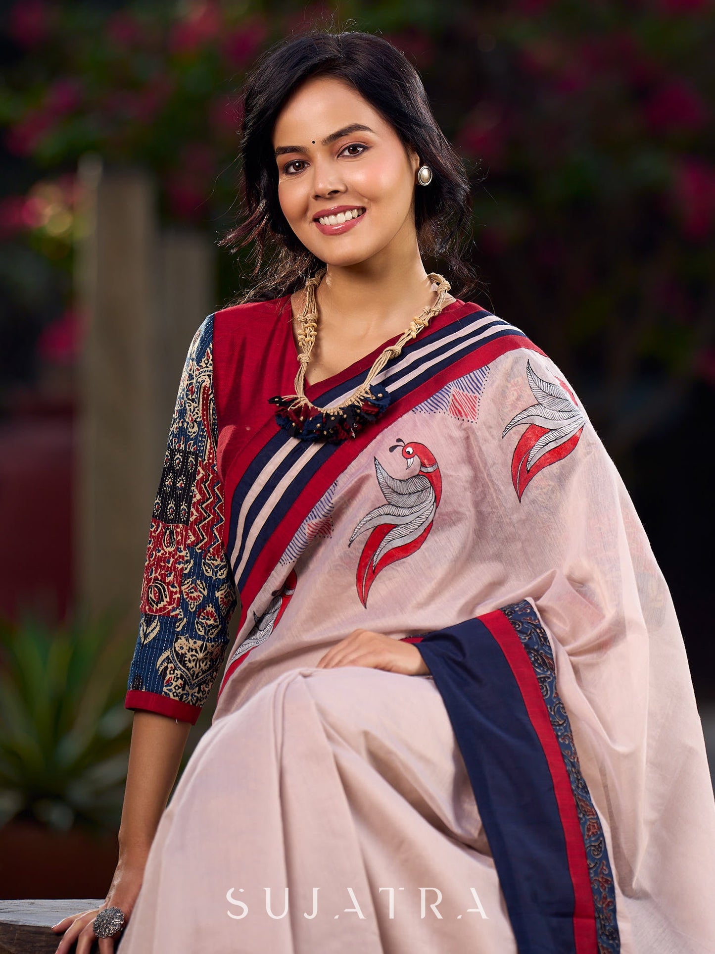 Beige Chanderi Saree With Ajrakh Accents And Vibrant Borders and Delicate Hand Painting