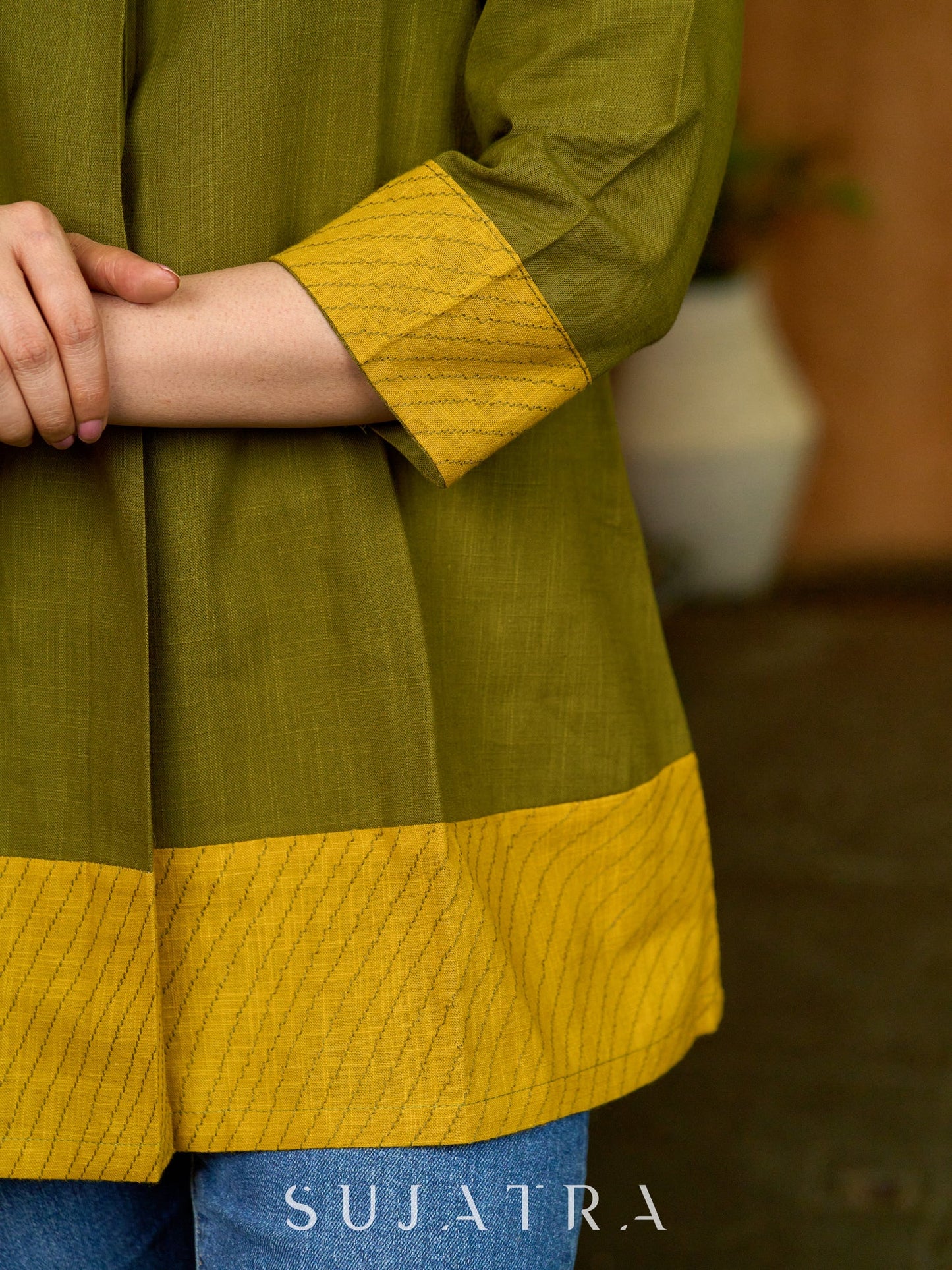Earthcrafted Olive Mustard Top with Kantha Stitches and Cowrie Shell Highlights