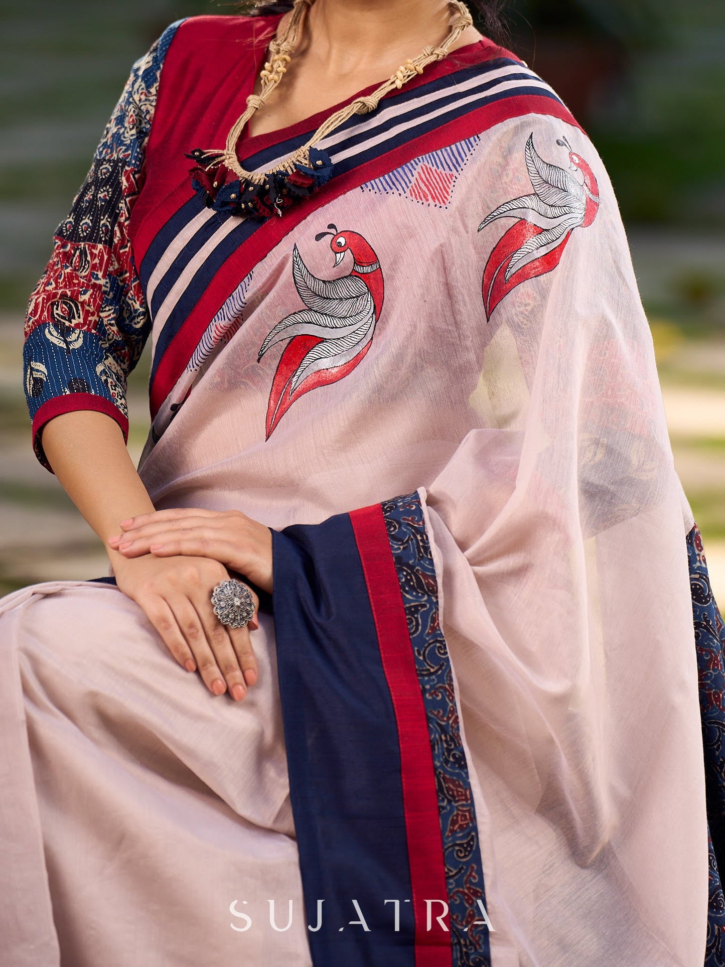 Beige Chanderi Saree With Ajrakh Accents And Vibrant Borders and Delicate Hand Painting