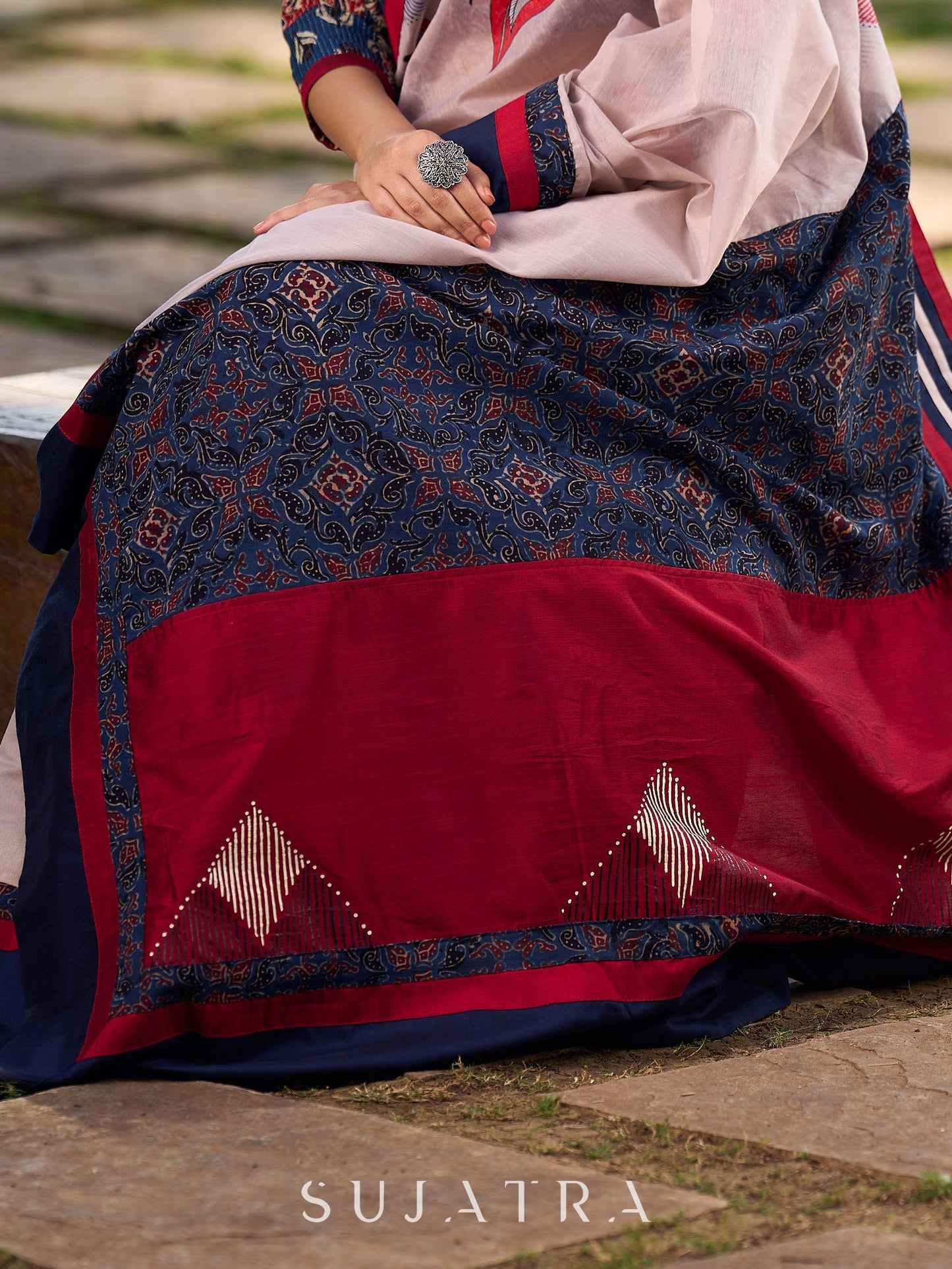 Beige Chanderi Saree With Ajrakh Accents And Vibrant Borders and Delicate Hand Painting