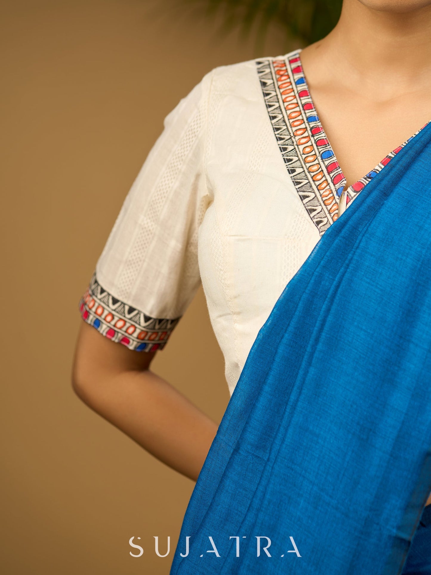 Elegant off-white cotton madhubani Hand blouse - Optional Plain Saree