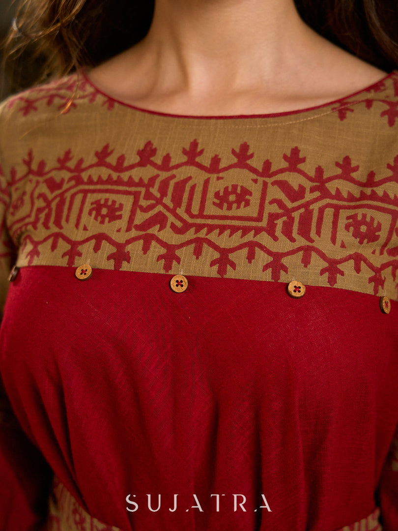 Classic Maroon & Beige Cotton Dress with Jamdani Inspired Hand Block Printed Border and Tie-Up Belt