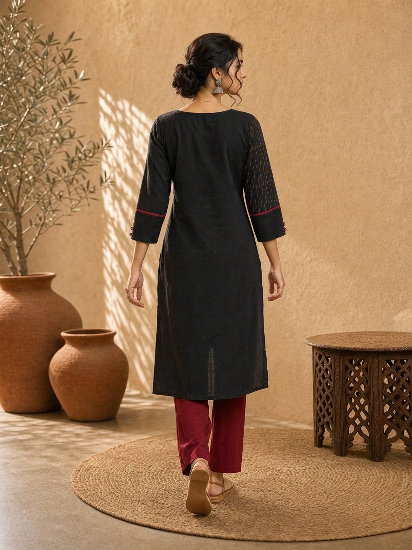 Structured Black Ikat Cotton Kurta with Bold Maroon Piping & Coordinated Sleeve Buttons