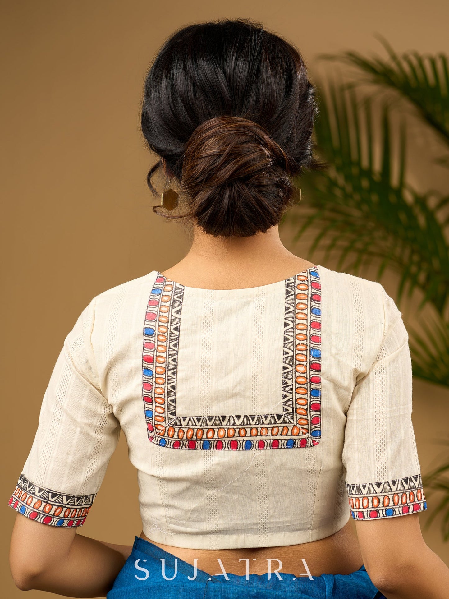 Elegant off-white cotton madhubani Hand blouse - Optional Plain Saree