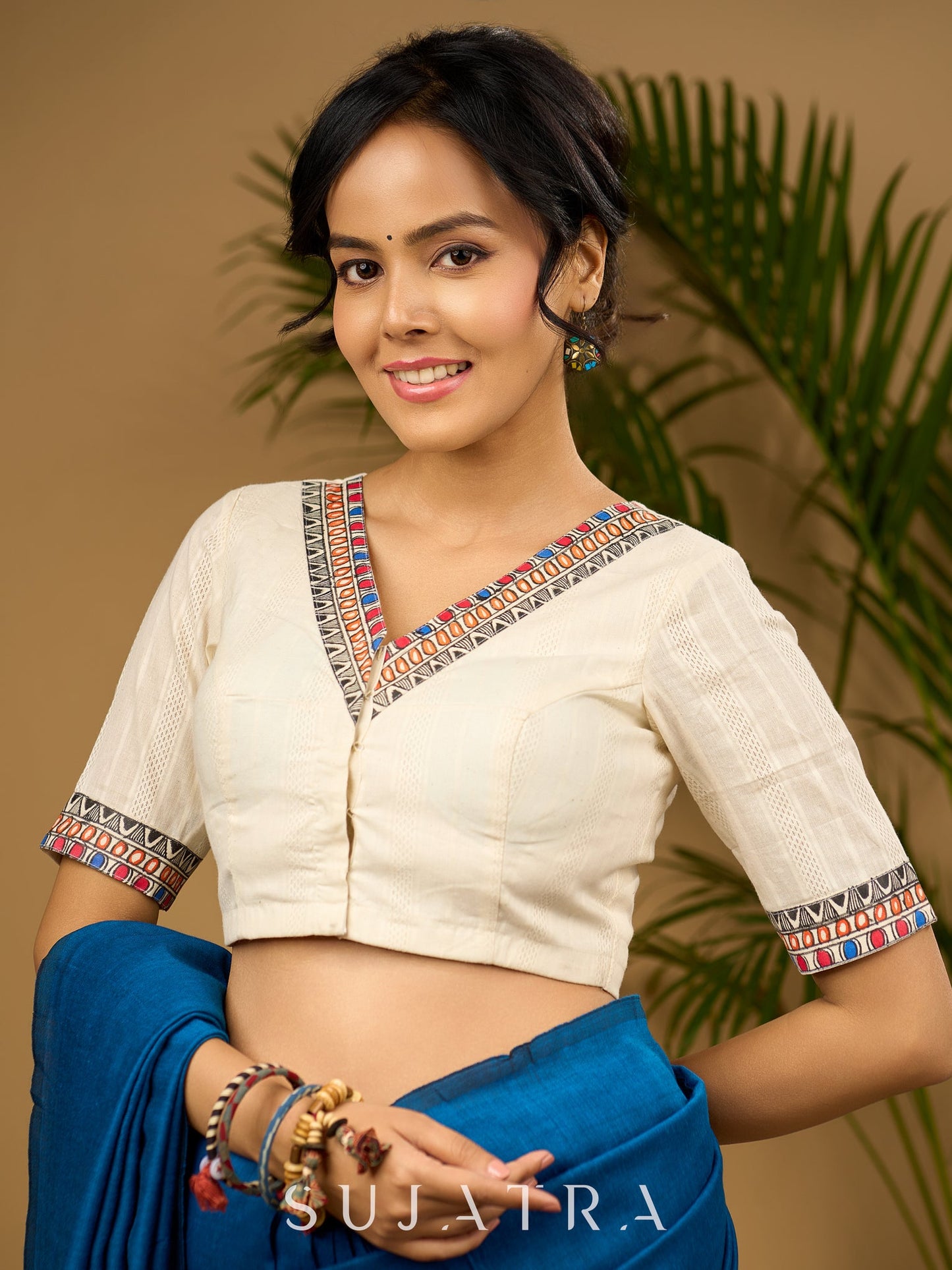 Elegant off-white cotton madhubani Hand blouse - Optional Plain Saree
