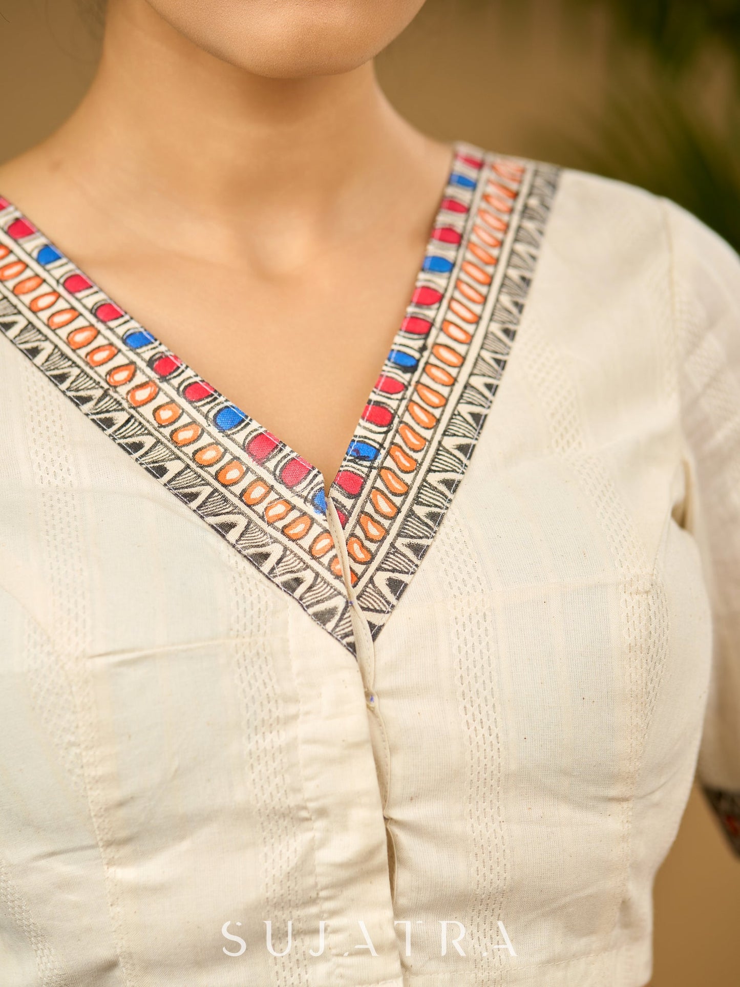 Elegant off-white cotton madhubani Hand blouse - Optional Plain Saree