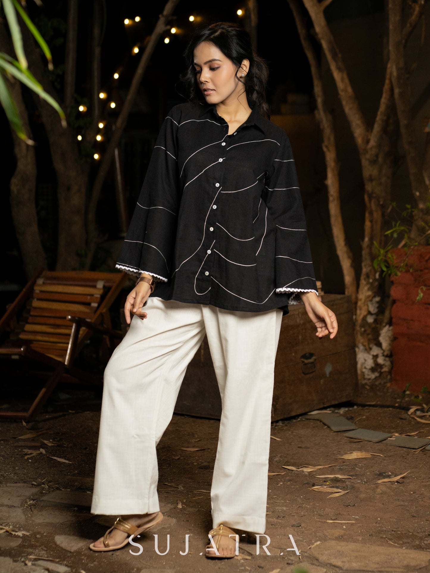 Bold Black Cotton Shirt with Abstract Embroidered Lines and Crochet Lace Accents