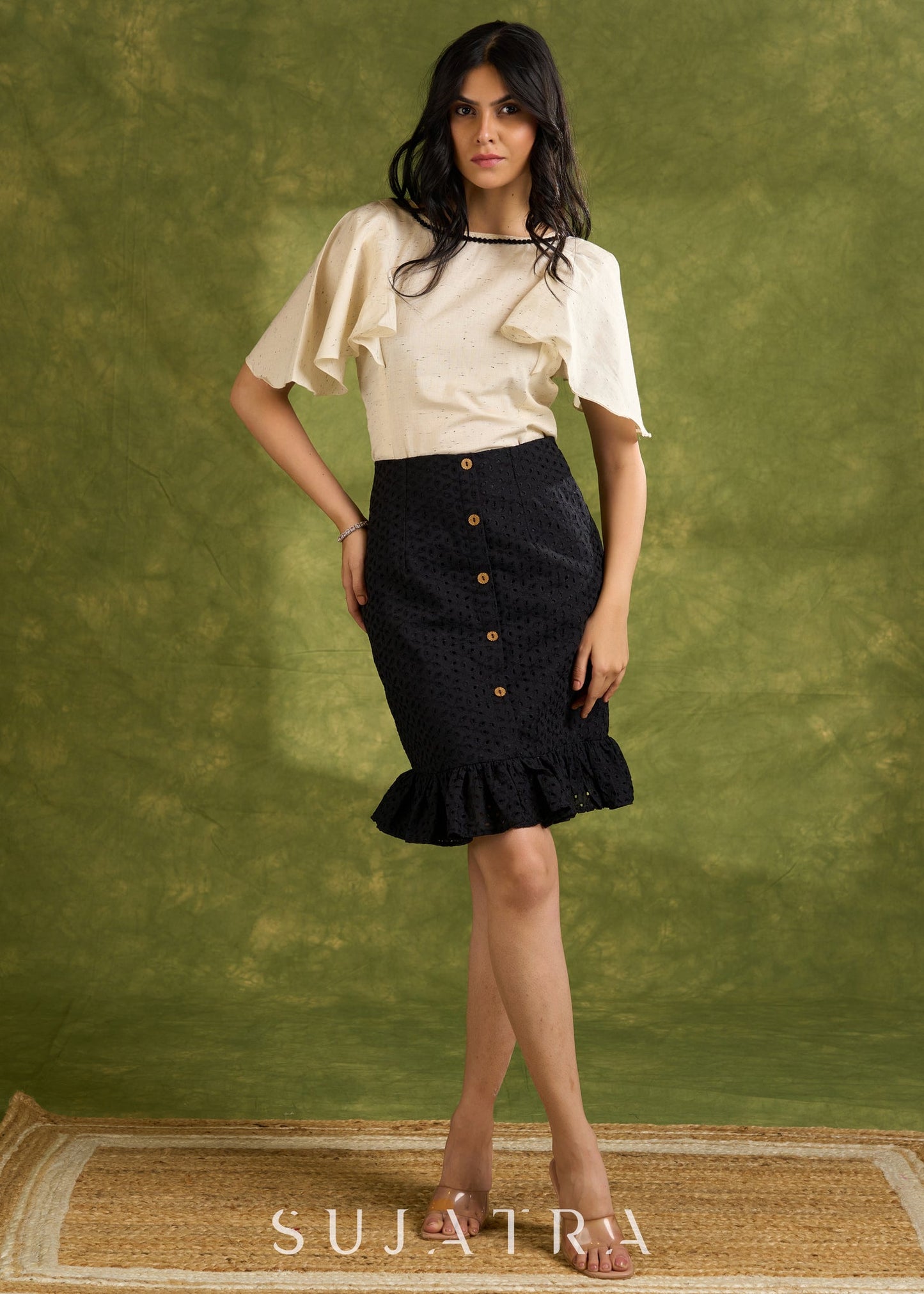Textured Off White Cotton Top With Butterfly Sleeves - Hakoba Skirt Optional
