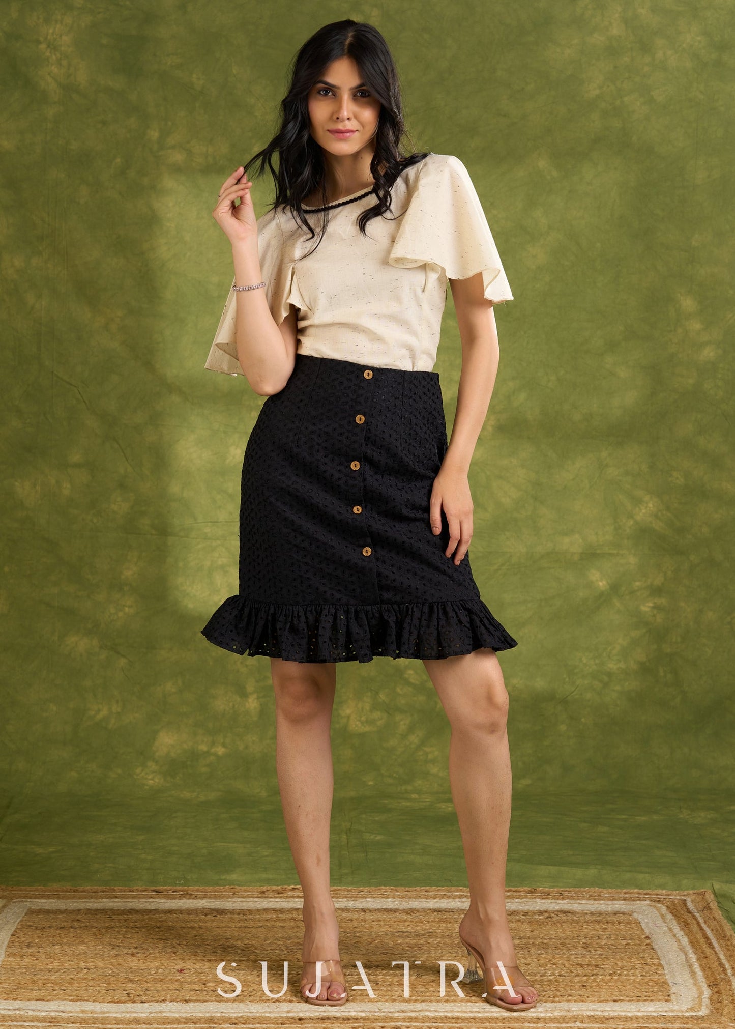 Textured Off White Cotton Top With Butterfly Sleeves - Hakoba Skirt Optional