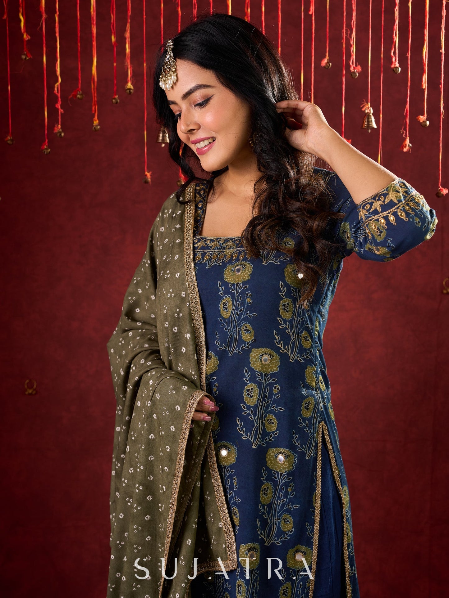 Indigo Ajrakh Kurta with Subtle Embroidered Neckline & Sleeves