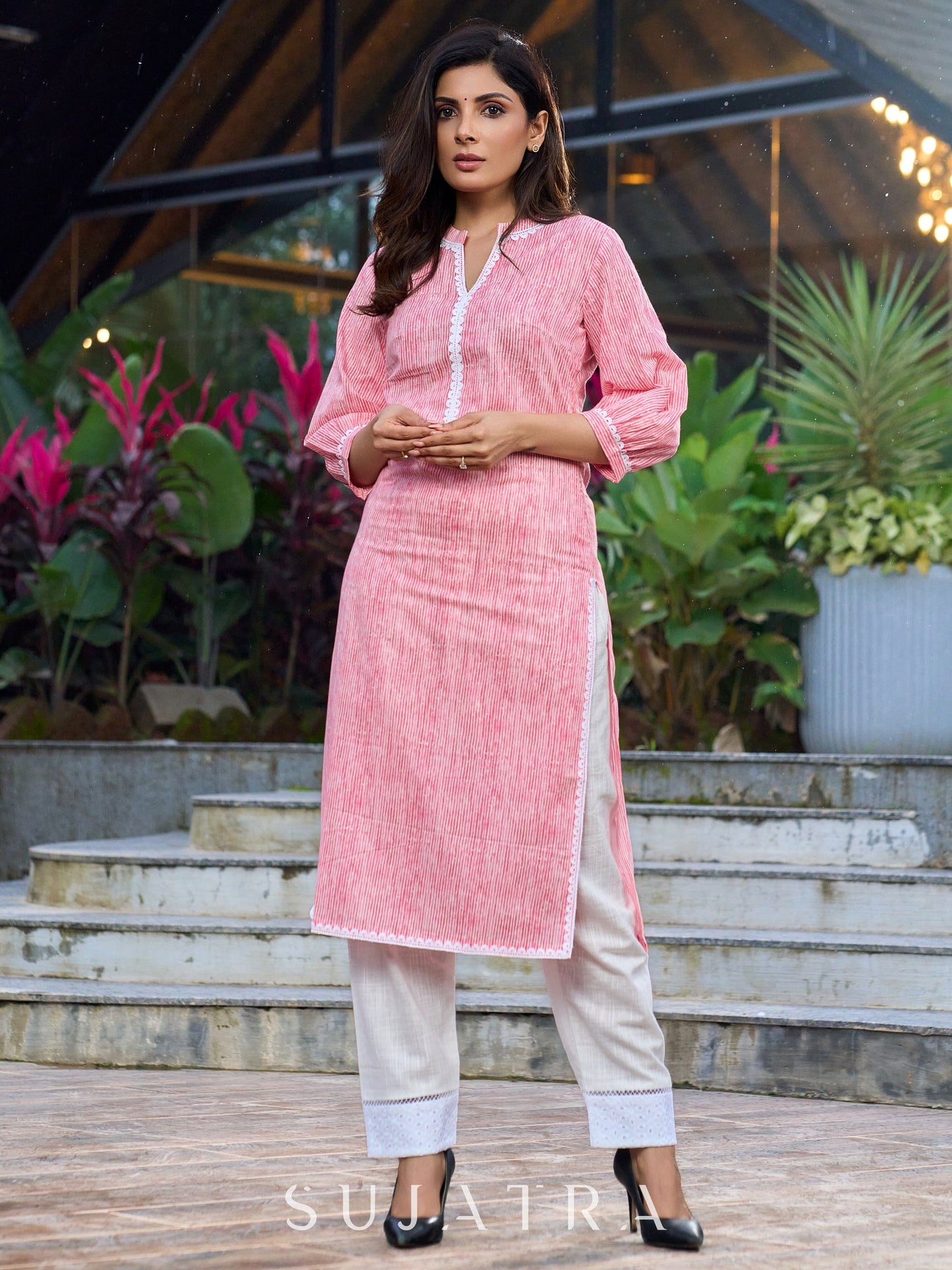 Baby pink printed cotton kurta with intricate scallop edge detailing lace -pant optional.