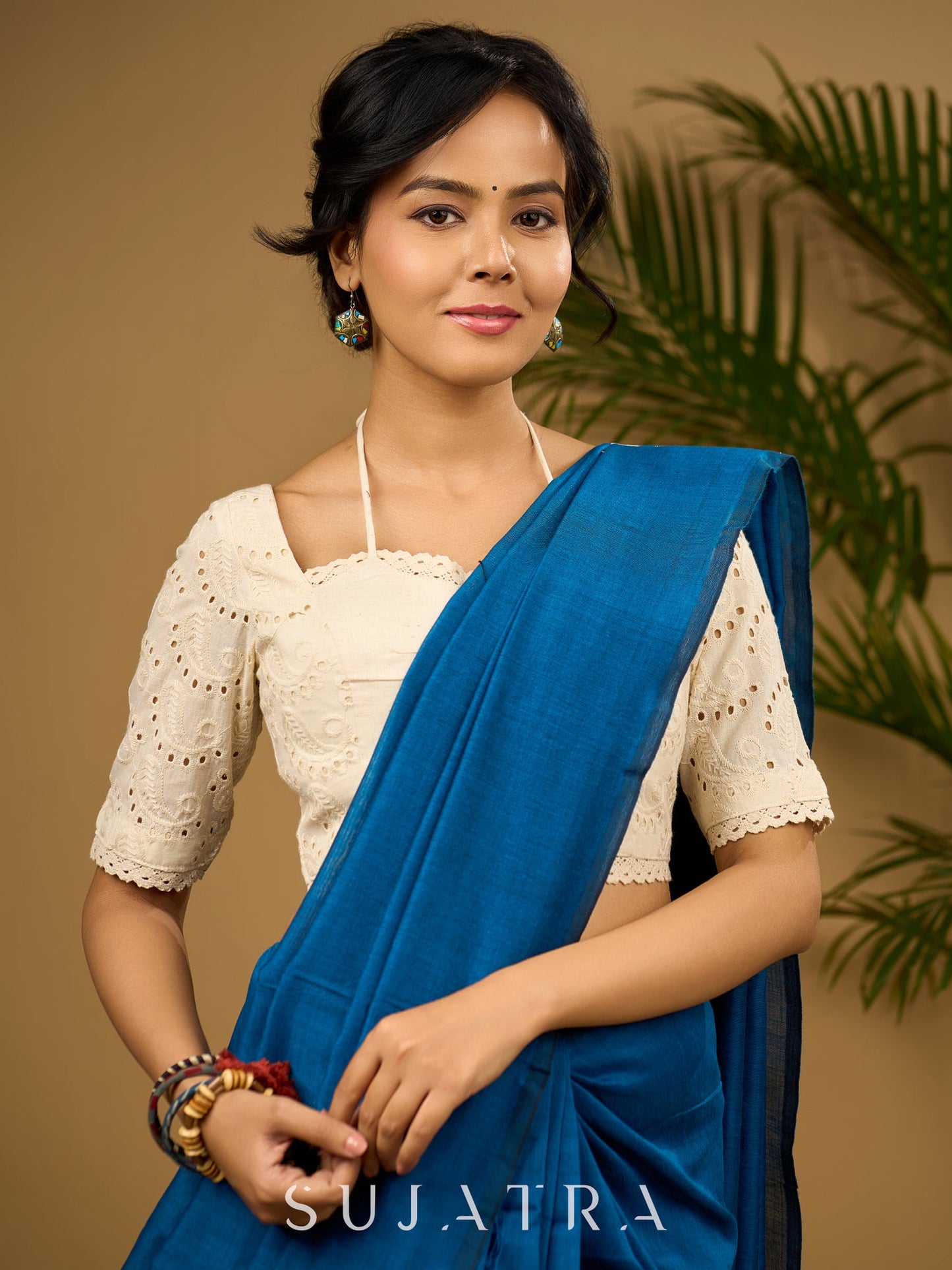 Elegant self design off white hakoba cotton blouse  - Optional Plain Saree