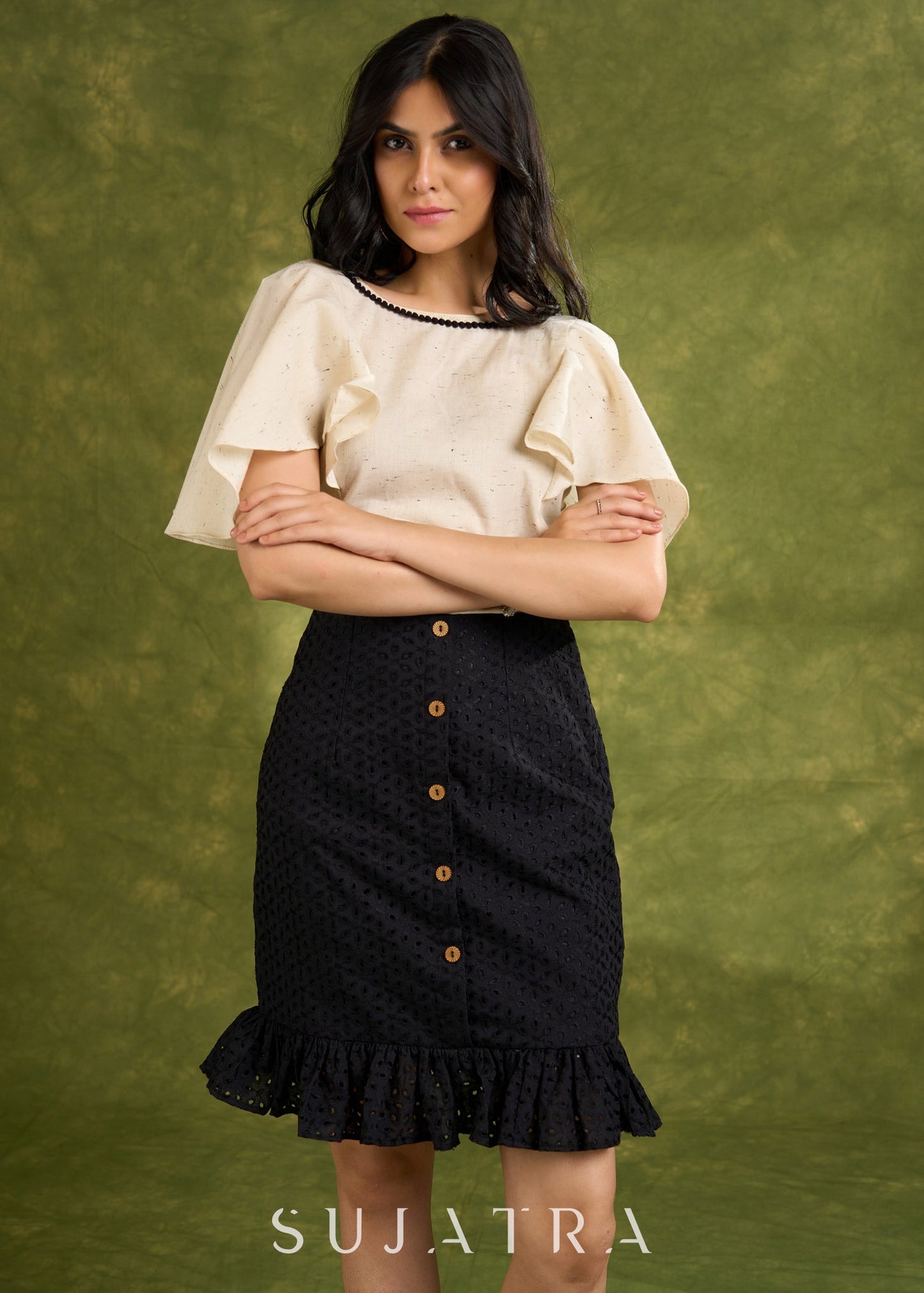 Textured Off White Cotton Top With Butterfly Sleeves - Hakoba Skirt Optional