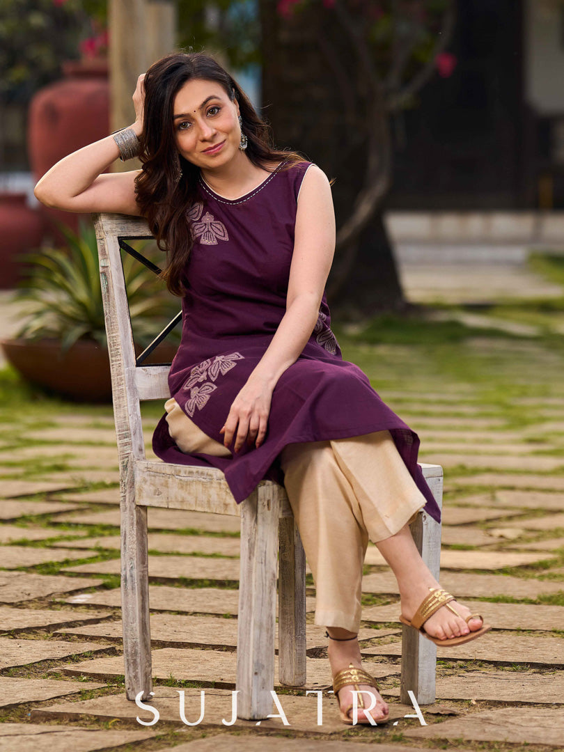 Handcrafted Purple Cotton Sleveeless Hand Block Print Kurta with Abstract Print