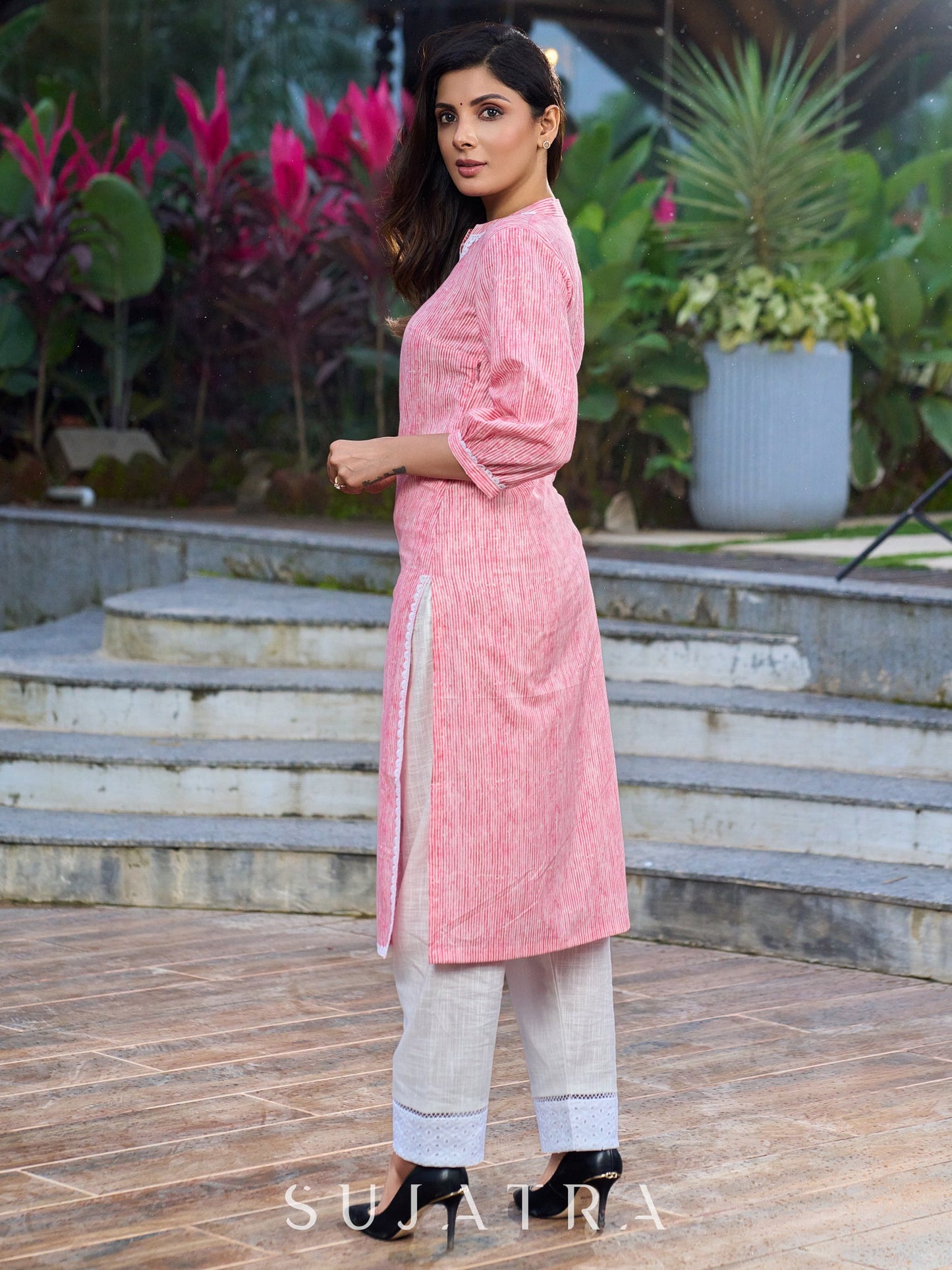Baby pink printed cotton kurta with intricate scallop edge detailing lace -pant optional.